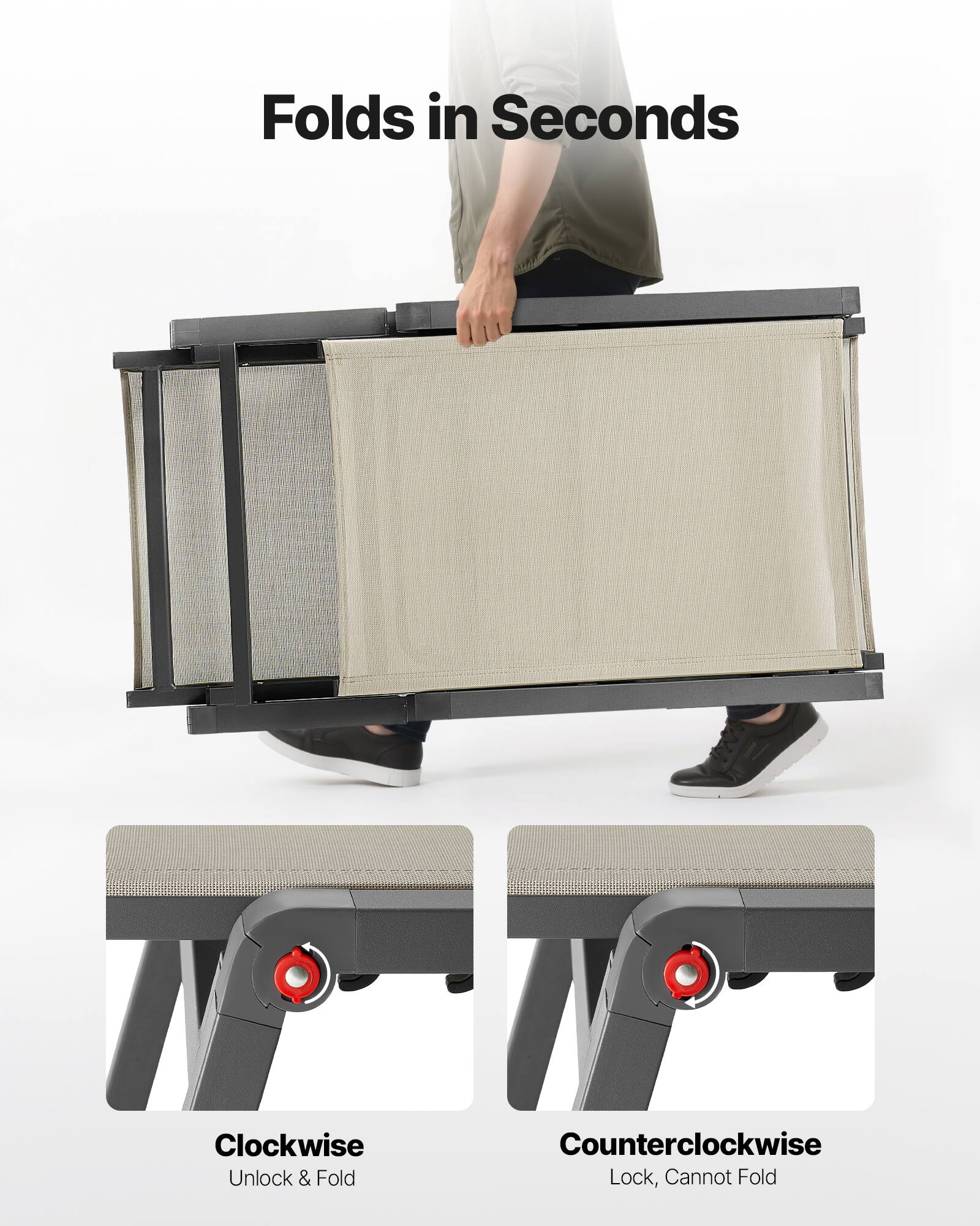 Folds in Seconds

Clockwise
Unlock & Fold

Counterclockwise
Lock, Cannot Fold