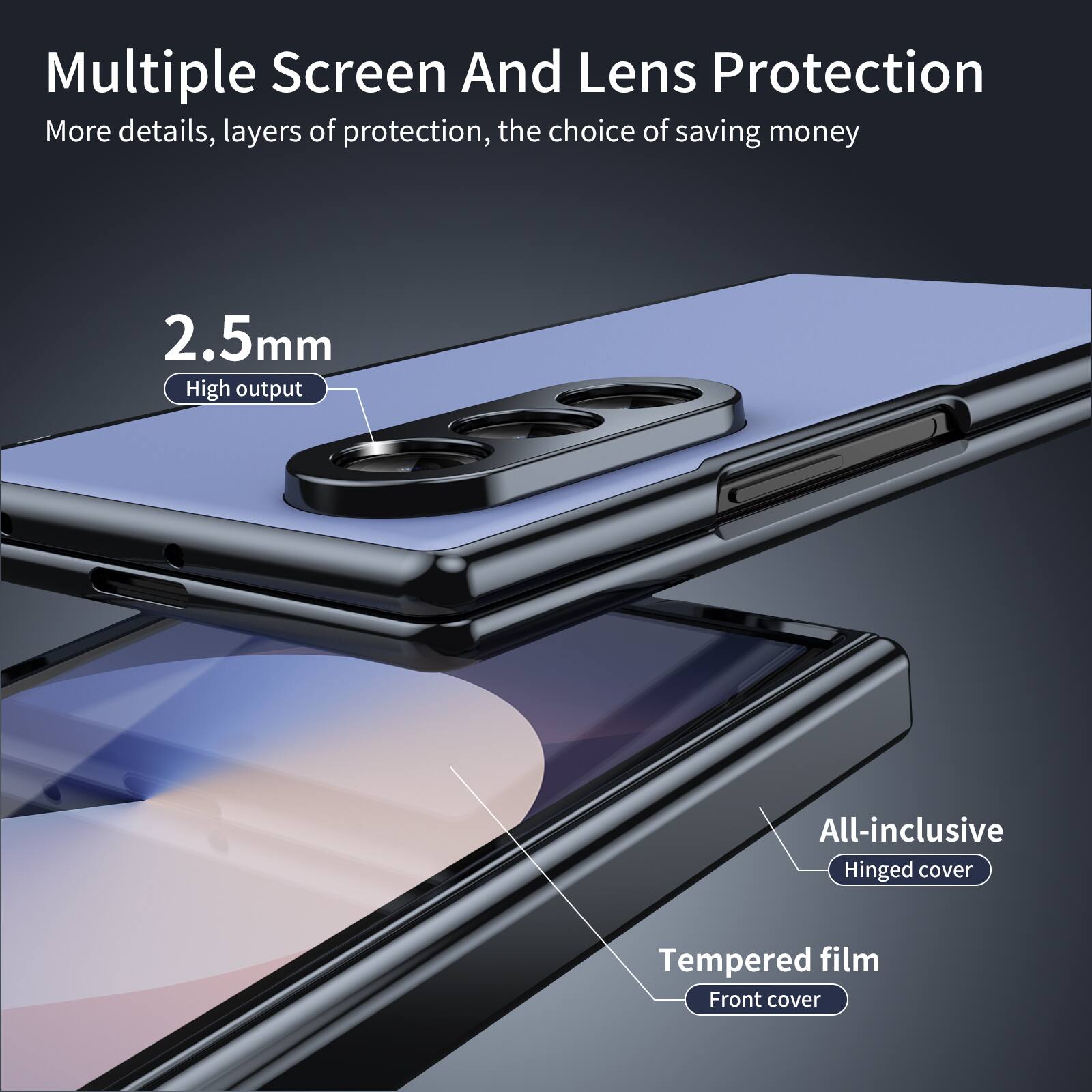 Multiple Screen And Lens Protection  
More details, layers of protection, the choice of saving money  

2.5mm  
High output  

All-inclusive  
Hinged cover  

Tempered film  
Front cover