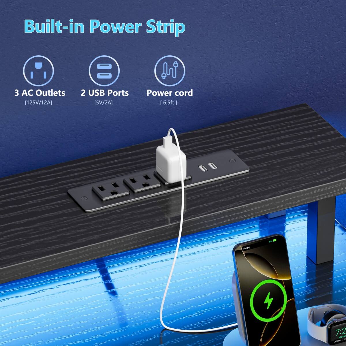 Built-in Power Strip  
3 AC Outlets [125V/12A]  
2 USB Ports [5V/2A]  
Power cord [6.5ft]  
Chargog  
EN  
7:2 Mond 13 Alarm