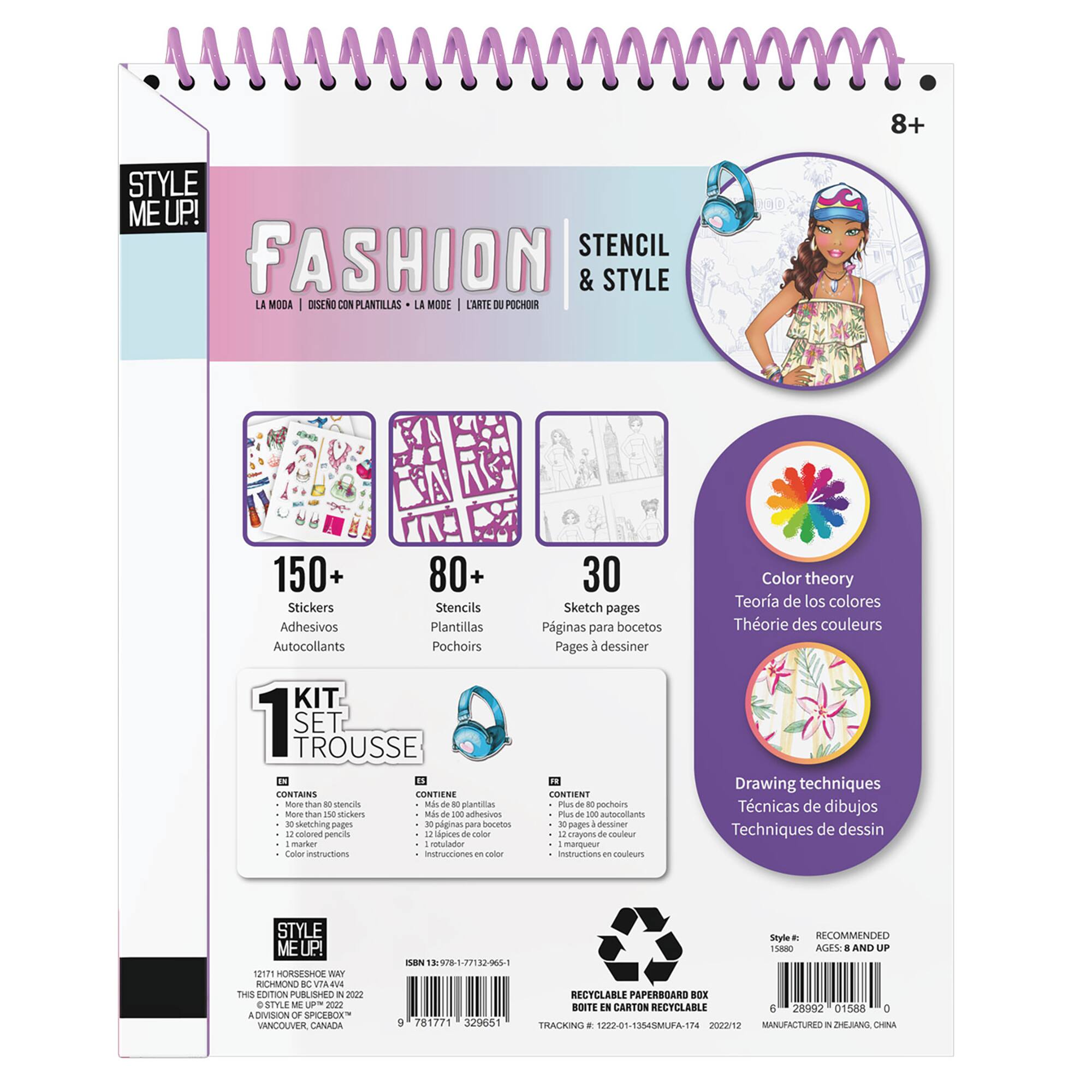 Style Me Up! Fashion Stencil & Style Kit: 80+ Stencils & Stickers, 10 Sketch Pages, 1 Crayon, 1 Marker, 1 Pencil, Instructions, Color Theory, Drawing Techniques. Recommended for ages 8 and up. 100% Recyclable Paperboard Box.