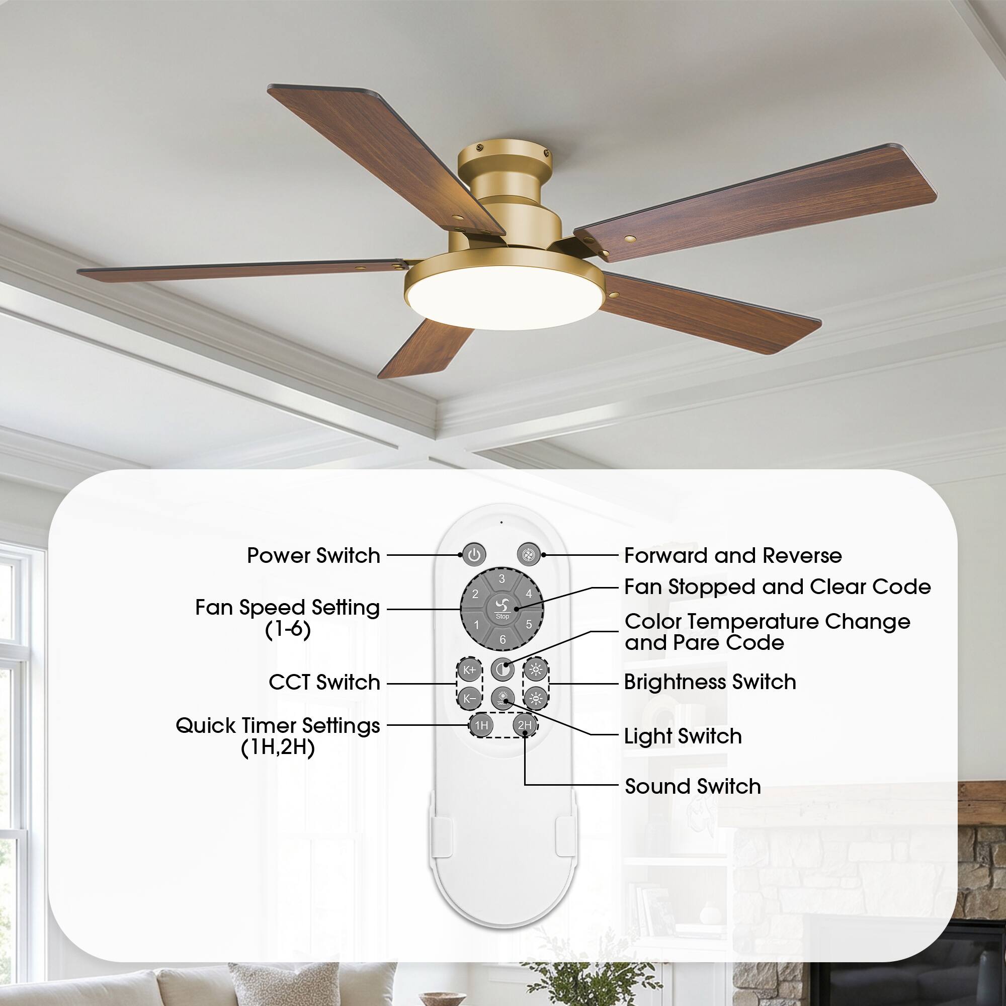 Power Switch  
Fan Speed Setting (1-6)  
CCT Switch  
Quick Timer Settings (1H, 2H)  
Forward and Reverse  
Fan Stopped and Clear Code  
Color Temperature Change and Pare Code  
Brightness Switch  
Light Switch  
Sound Switch