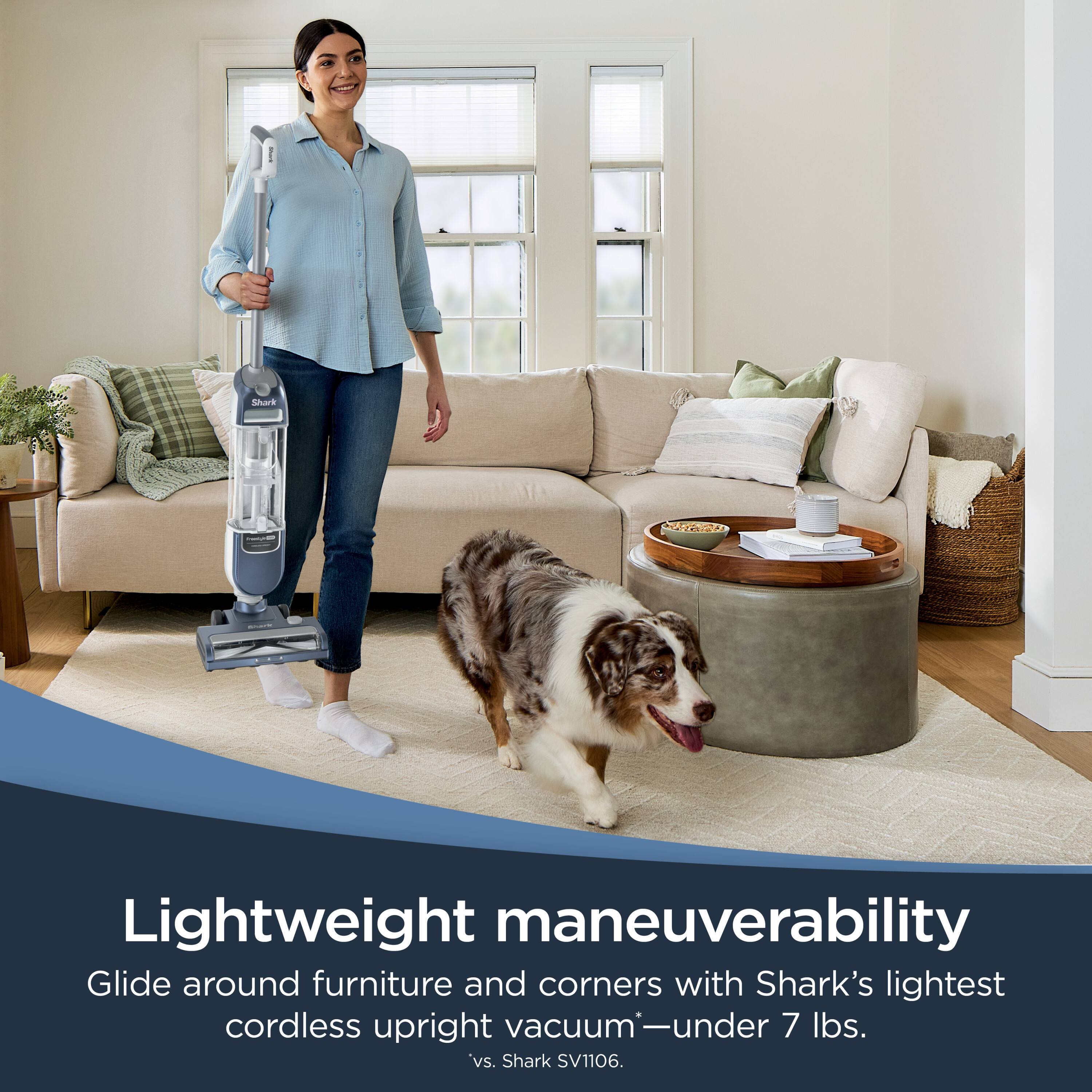 Lightweight maneuverability  
Glide around furniture and corners with Shark's lightest cordless upright vacuum—under 7 lbs.  
vs. Shark SV1106.