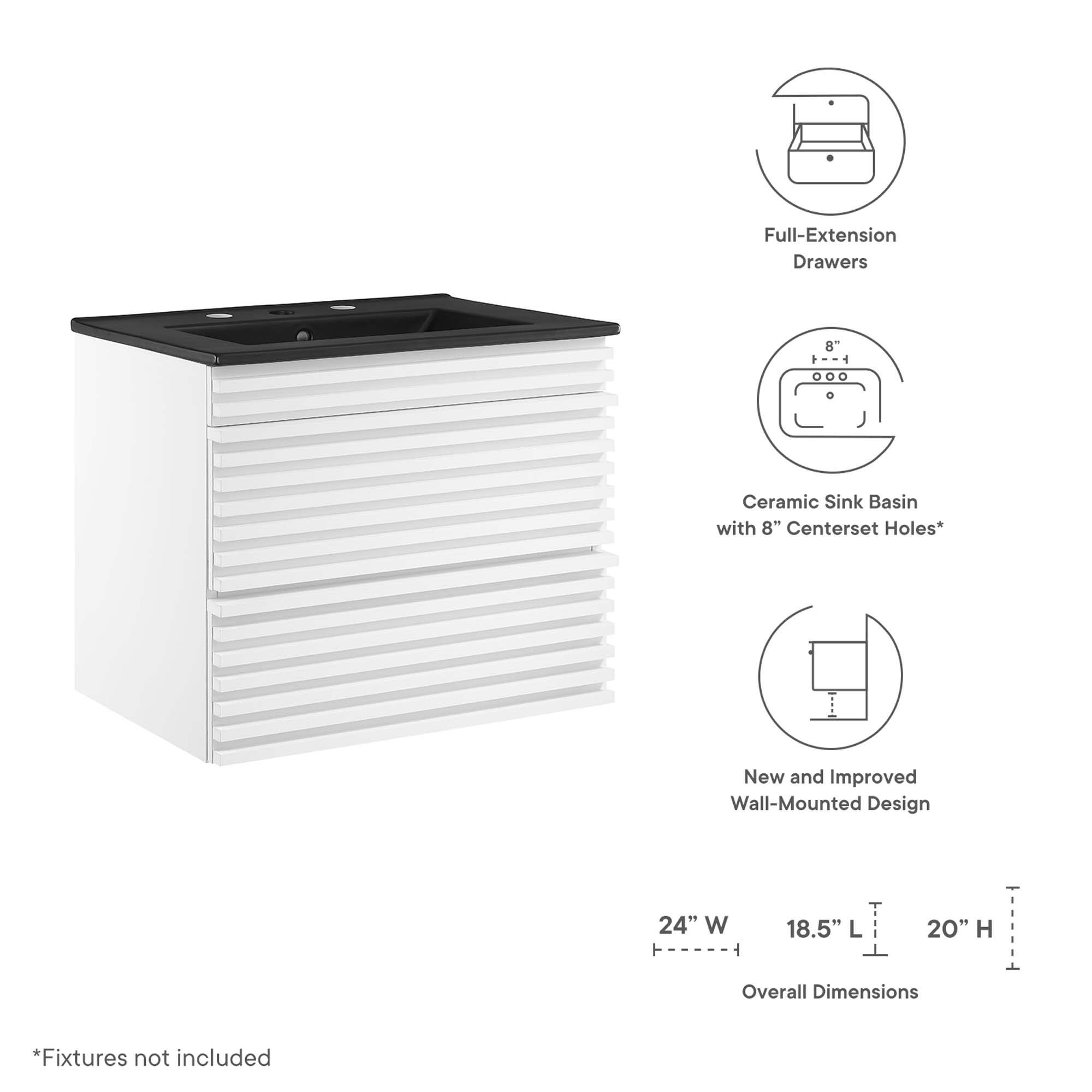 Full-Extension Drawers  
Ceramic Sink Basin with 8" Centerset Holes*  
New and Improved Wall-Mounted Design  

Overall Dimensions:  
24" W x 18.5" L x 20" H  

*Fixtures not included