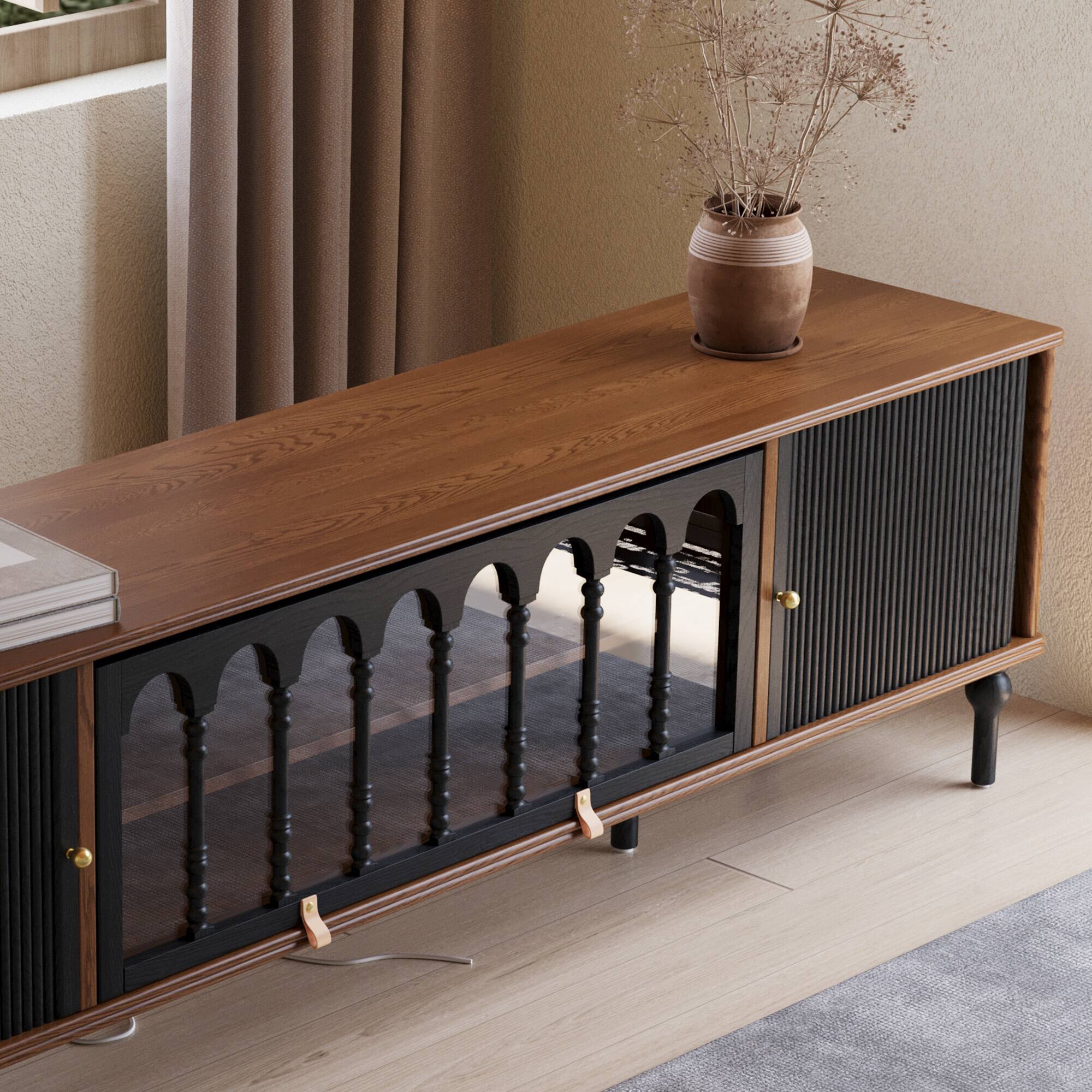 Alt View 1. luck idea - 78.74" TV Stand Media Console with Sliding Doors, Arched Glass & Solid Wood Legs - Walnut Color.