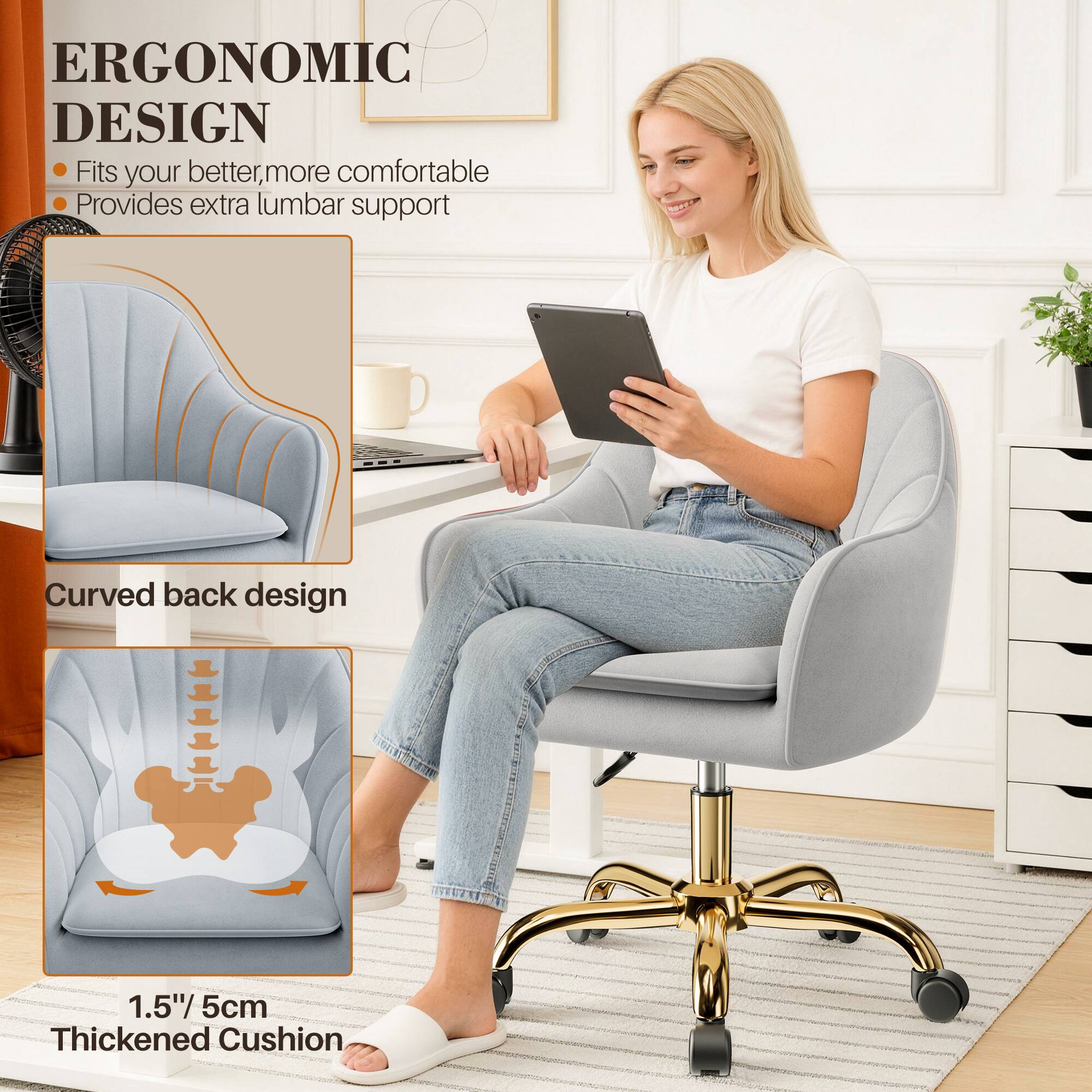 ERGONOMIC DESIGN  
- Fits your better, more comfortable  
- Provides extra lumbar support  

Curved back design  

1.5"/ 5cm Thickened Cushion