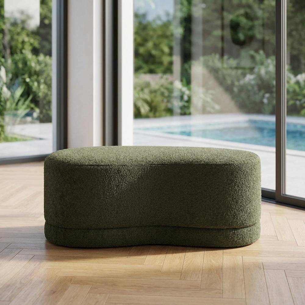 Left. Outdoor Escape - Outdoor Upholstered Ottoman Bench In Neutral Fabric For Patio Use - Green.