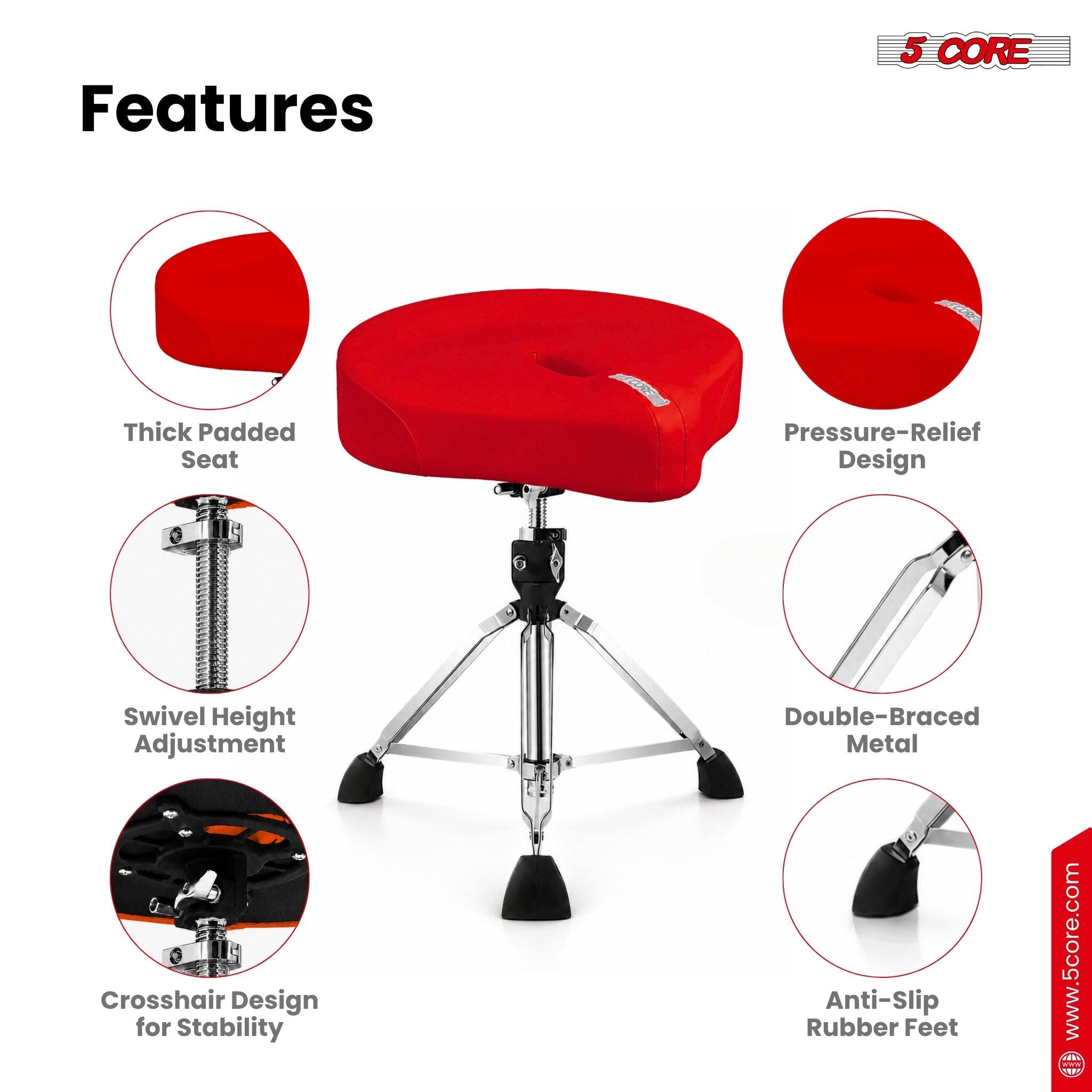 Features

- 5 CORE Thick Padded Seat
- Pressure-Relief Design
- Swivel Height Adjustment
- Double-Braced Metal Crosshair Design for Stability
- Anti-Slip Rubber Feet

www.5core.com
