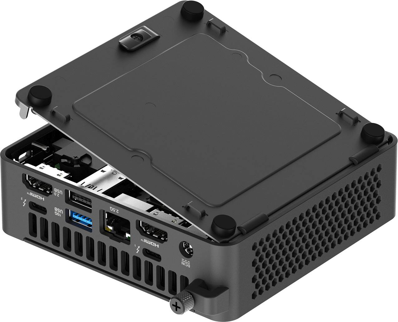 The text on the image reads: "2 USB 2.0, 5 AC IN, 5 USB 10G 2.5G, I/O 7 DCIN +". This text describes the features of the computer tower, which includes two USB 2.0 ports, five AC IN ports, five USB 10G 2.5G ports, and an I/O 7 DCIN +.