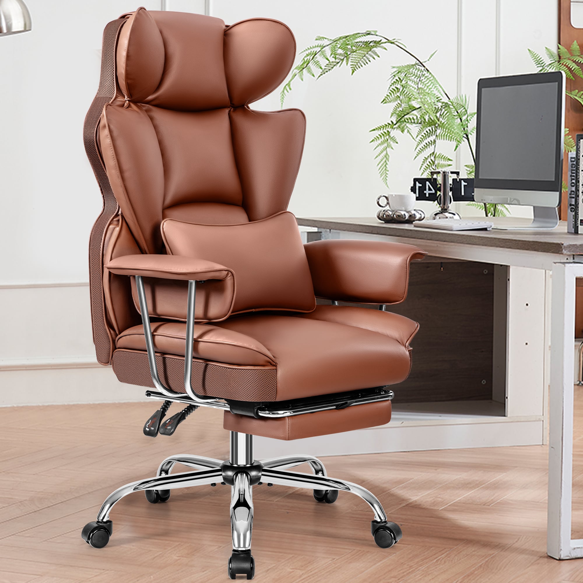 Front. KERDOM - Ergonomic Big and Tall Office Chair with Footrest, Soft High Back Executive Beautiful PU Leather Computer Chair - Brown.