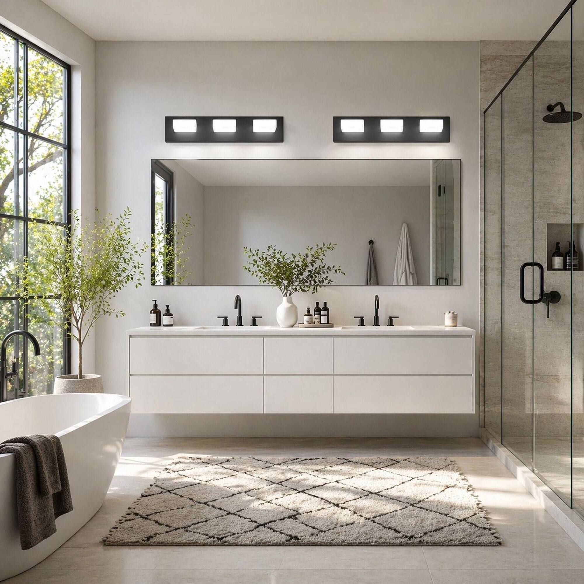 Left. RYHNUYNE - Modern LED Bathroom Vanity Light Fixture 3‑Light Black Bathroom Wall Lighting Over Mirror for Bath - Black.