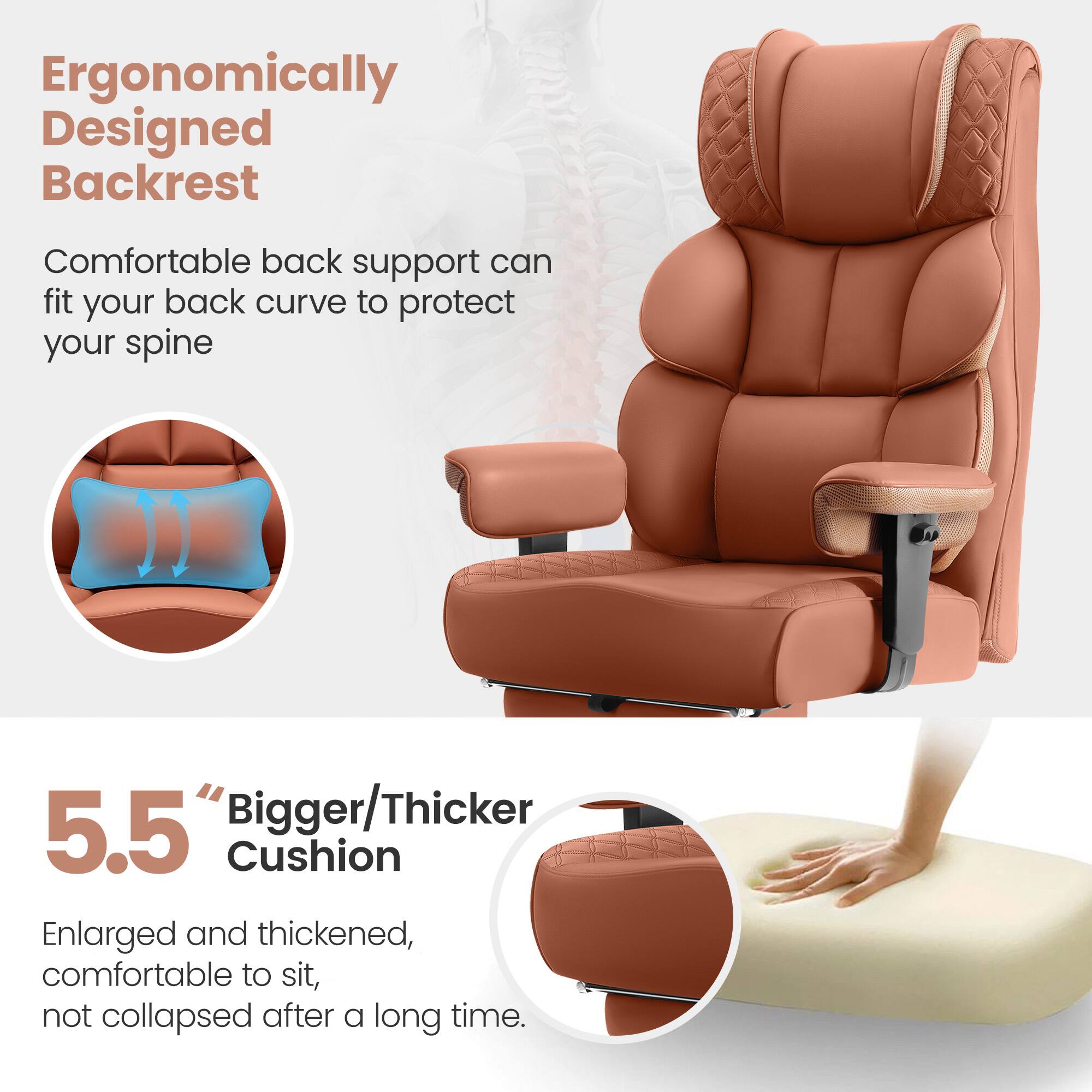 Ergonomically Designed Backrest: Comfortable back support can fit your back curve to protect your spine. 5.5% "Bigger/Thicker Cushion": Enlarged and thickened, comfortable to sit, not collapsed after a long time.