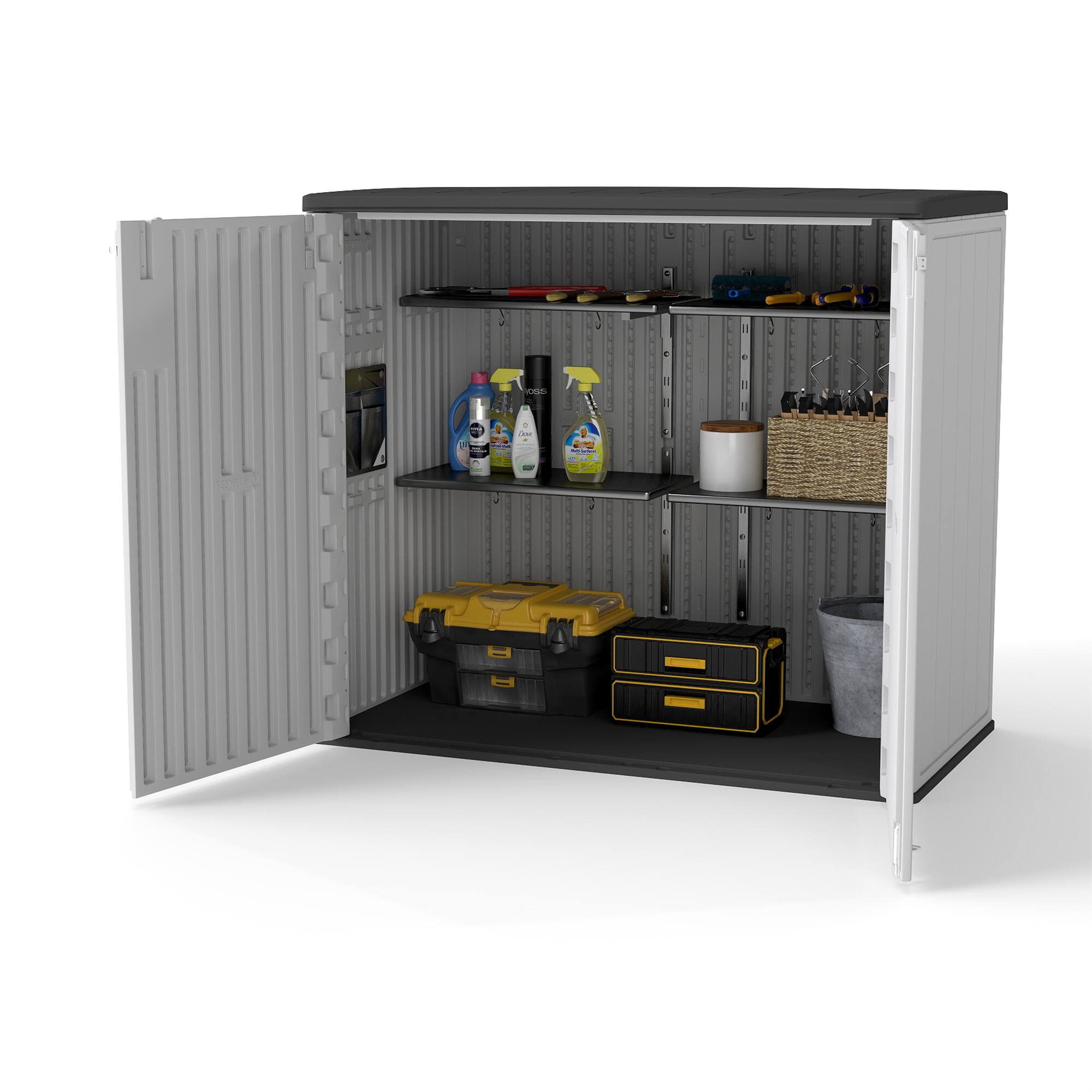 Front. Decksplore - Space-Saving Gray Storage Shed with 4 Shelves Low-Profile Outdoor Cabinet for Organized Patio Garden Areas - Grey.