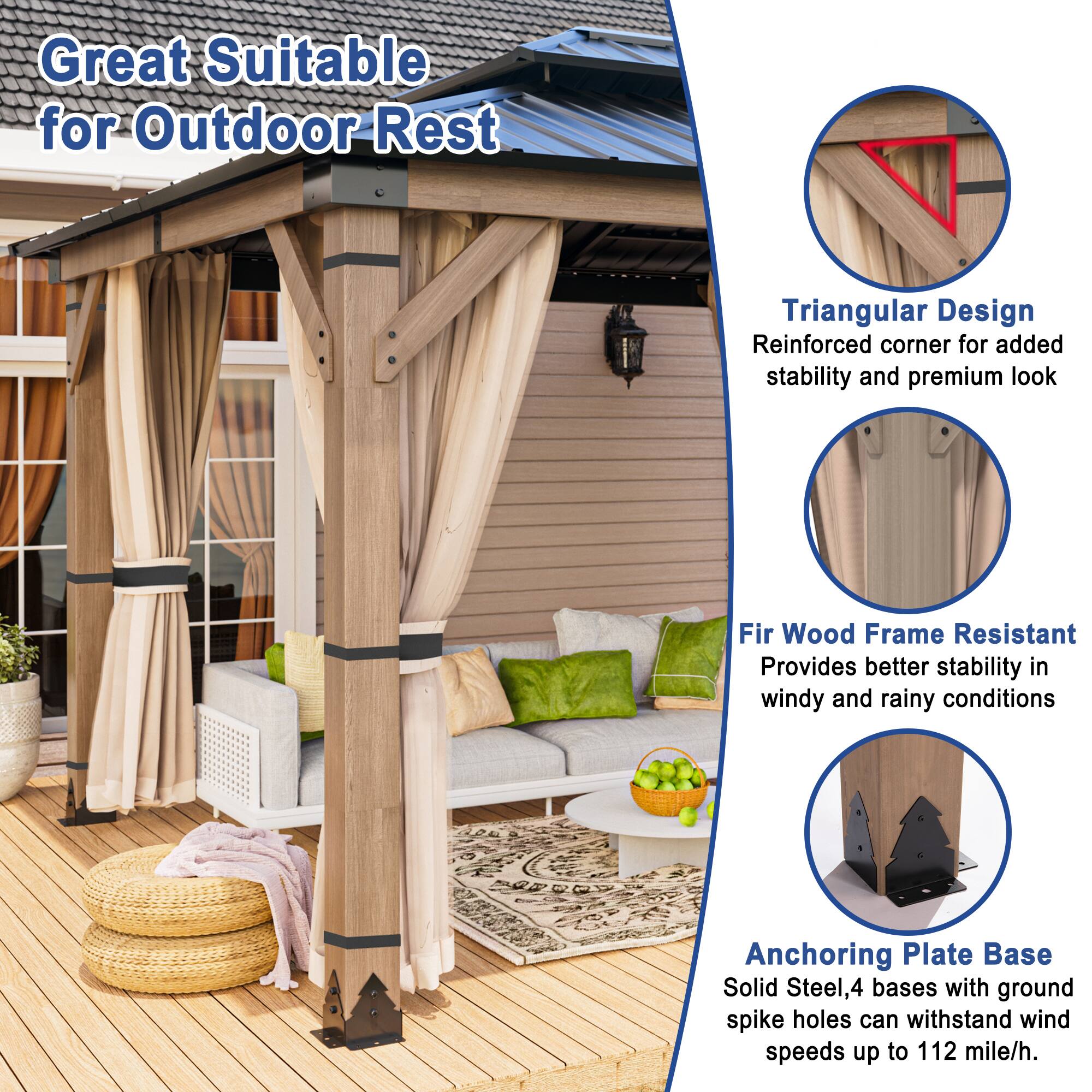 Great Suitable for Outdoor Rest

Triangular Design
Reinforced corner for added stability and premium look

Fir Wood Frame Resistant
Provides better stability in windy and rainy conditions

Anchoring Plate Base
Solid Steel, 4 bases with ground spike holes can withstand wind speeds up to 112 mile/h.