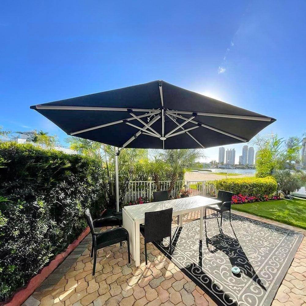 Angle. PURPLE LEAF - 11 ft. Patio Octagon Aluminum Solar Powered LED Cantilever Outdoor Offset Umbrella with Base for Garden Deck Pool - Navy Blue.
