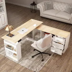 Famapy - L-Shaped Electric Standing Desk with Storage - Height Adjustable Corner Desk with Drawers & Cabinet for Home Office - White & Wooden