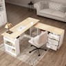 Famapy - L-Shaped Electric Standing Desk with Storage - Height Adjustable Corner Desk with Drawers & Cabinet for Home Office - White & Wooden