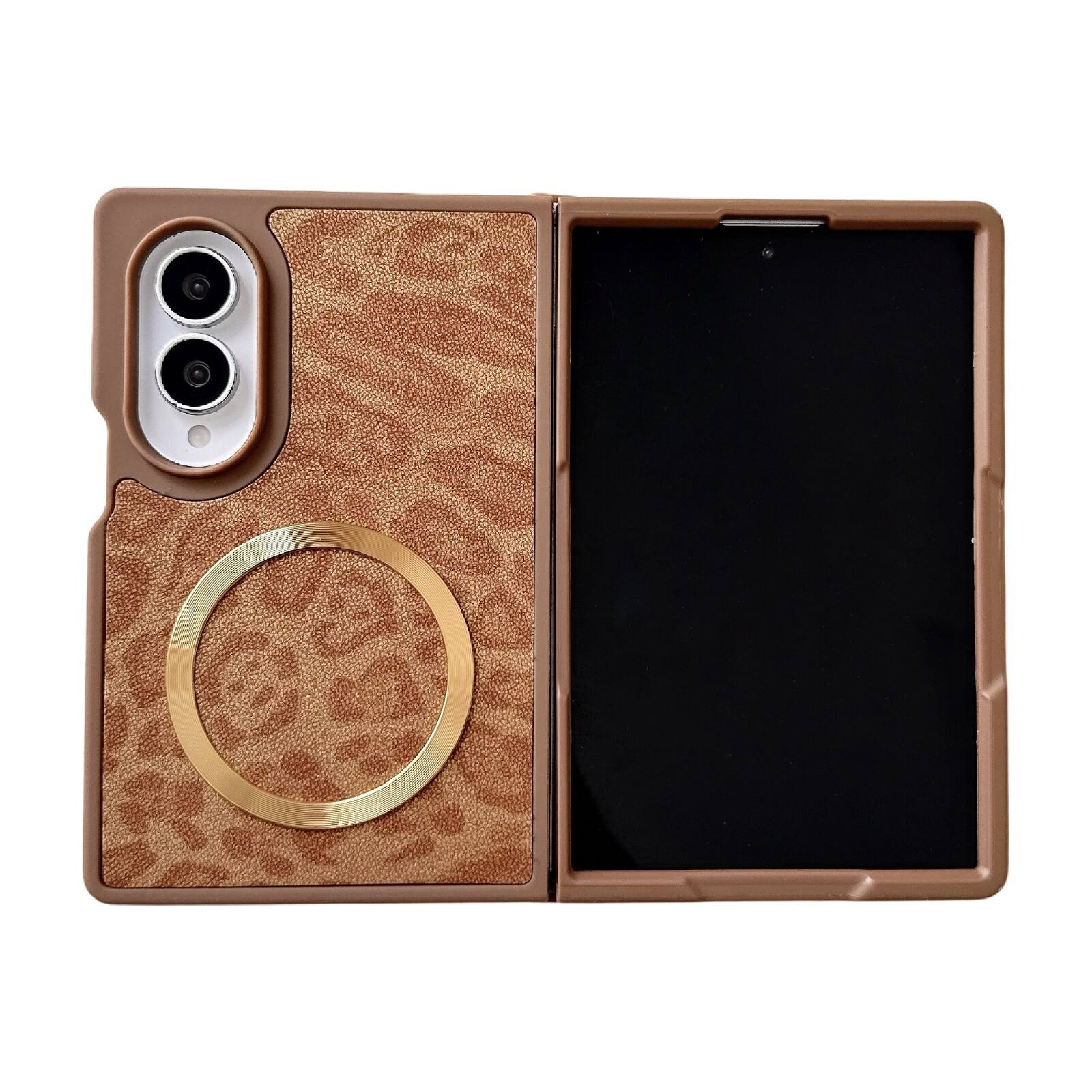 Angle. Dteck - Vintage Leopard Print Faux Leather Magnetic Case with Metal Ring Wireless Charging Cover for Samsung Galaxy Z Fold 8 - Brown.