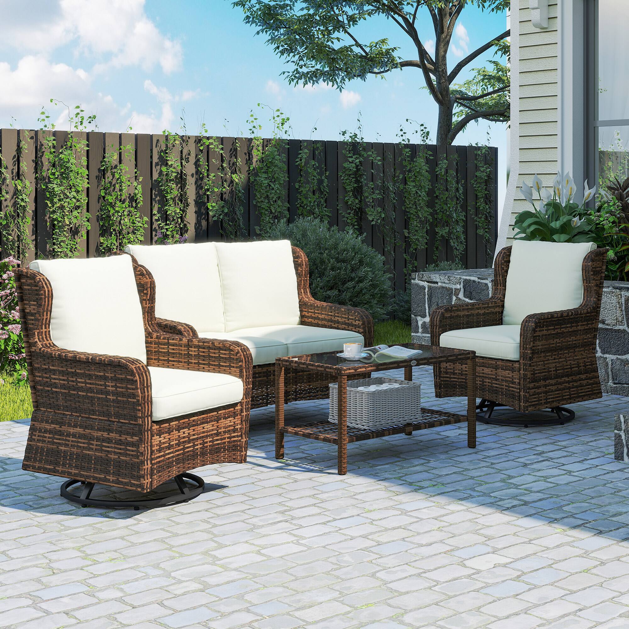 Alt View 7. Outsunny - Piece Rattan Patio Furniture Set, Conversation Set with Swivel Glider Chairs Table Loveseat for Garden - Cream White.