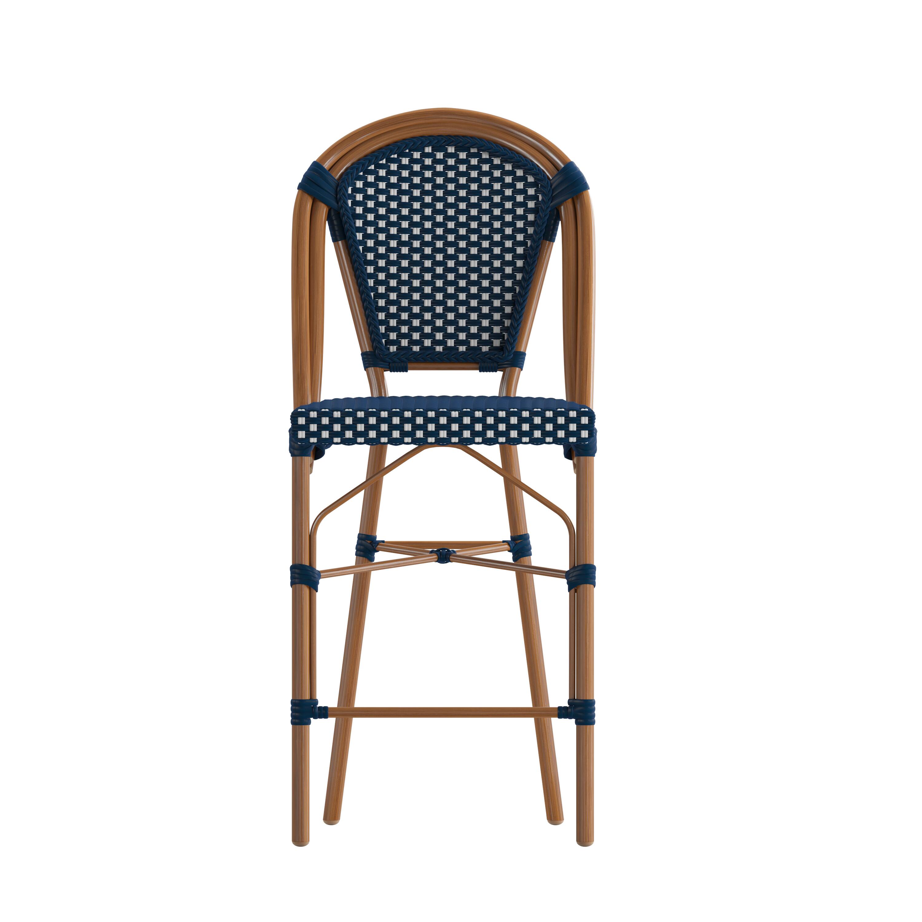 Angle. Flash Furniture - Bordeaux Stackable Indoor/Outdoor Bistro 26" High Counter Height Stool, Commercial Grade, Navy/White and Bamboo Finish - Blue.