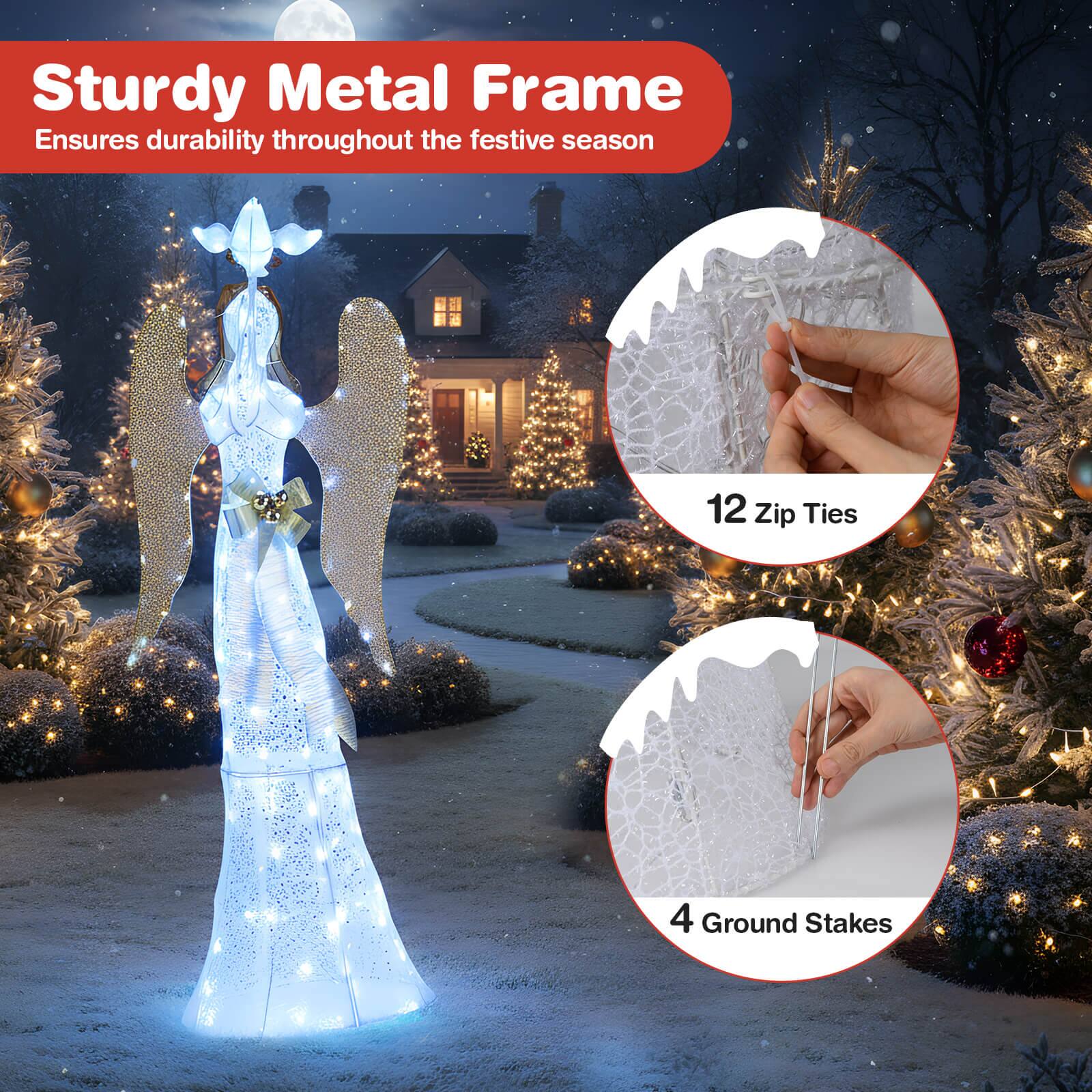 Sturdy Metal Frame  
Ensures durability throughout the festive season

12 Zip Ties

4 Ground Stakes