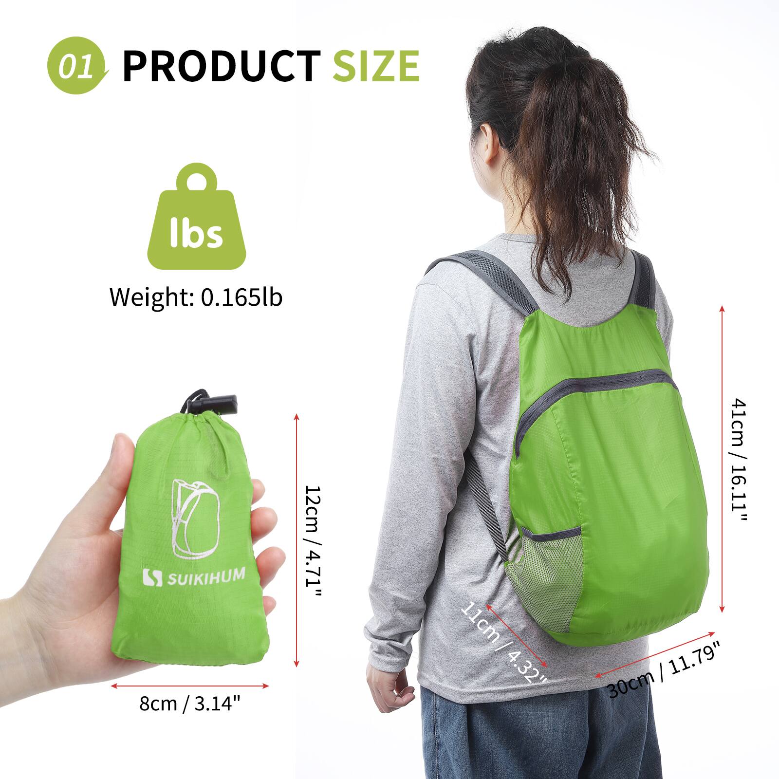 01 PRODUCT SIZE  
Weight: 0.165lb  
SUIKIHUM  
8cm / 3.14"  
12cm / 4.71"  
11cm / 4.32"  
41cm / 16.11"  
30cm / 11.79"