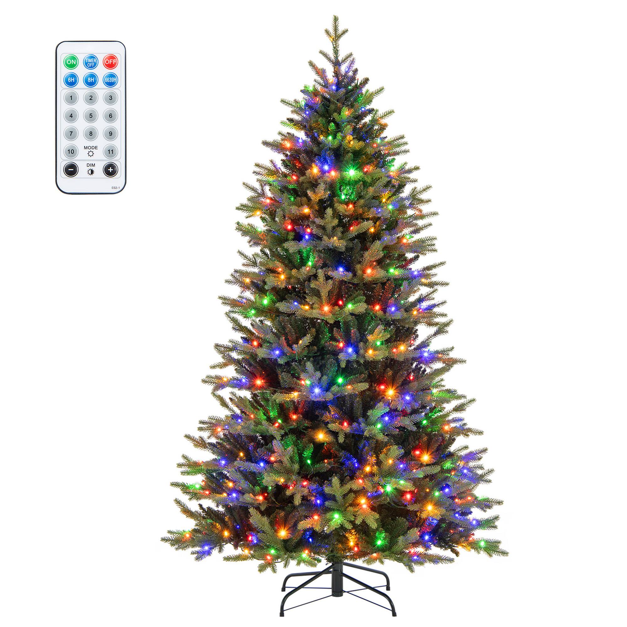 Costway - 7 FT Pre-Lit Christmas Tree Hinged with 470 Multi-color Lights & 1646 Branch Tips - Green
