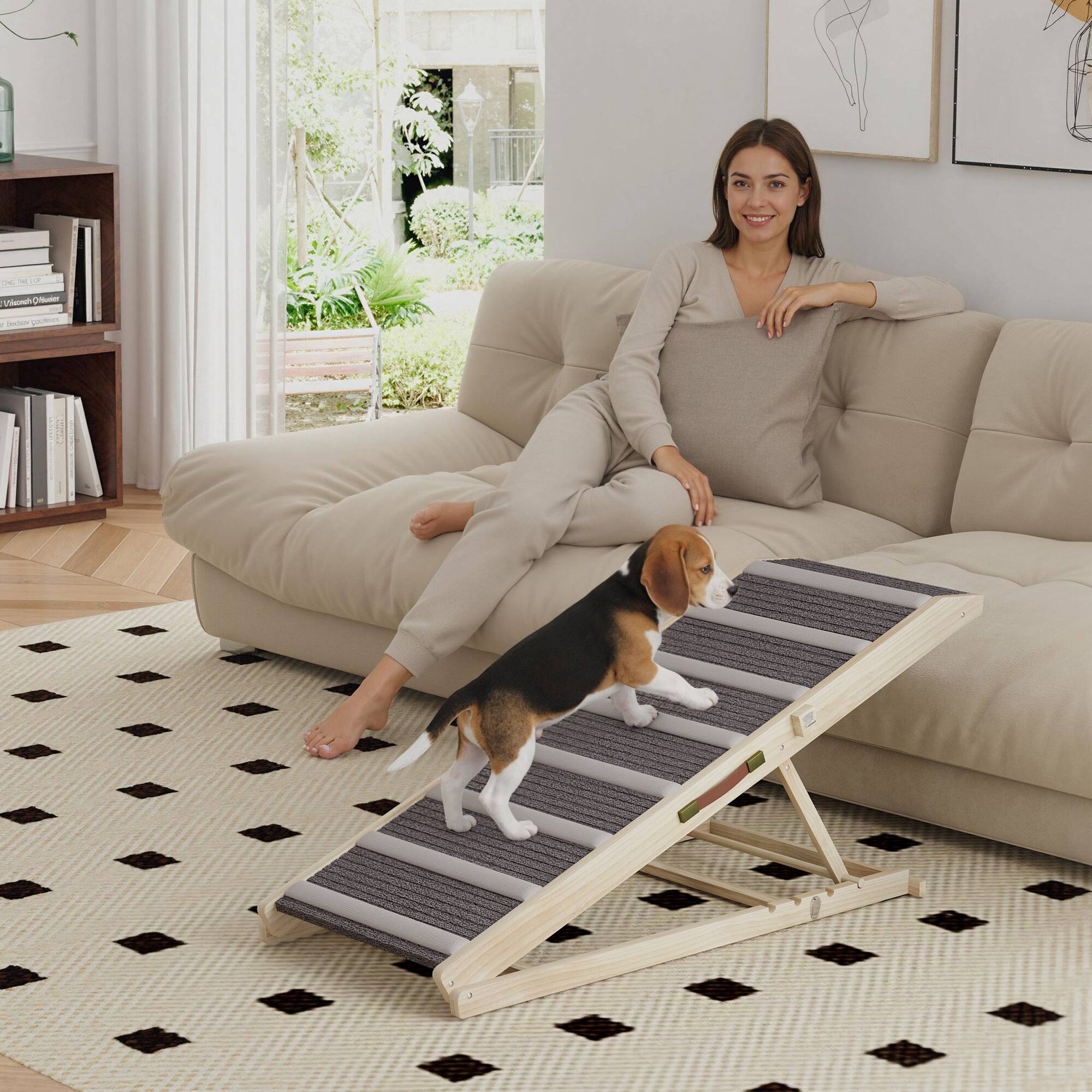 Angle. Pawhut - Dog Ramp for Couch, Foldable Pet Ramp for Small to Large Dog, 4 Adjustable Height 16"-23.5", Pet Steps w/Non-Slip Carpet - Natural wood finish.