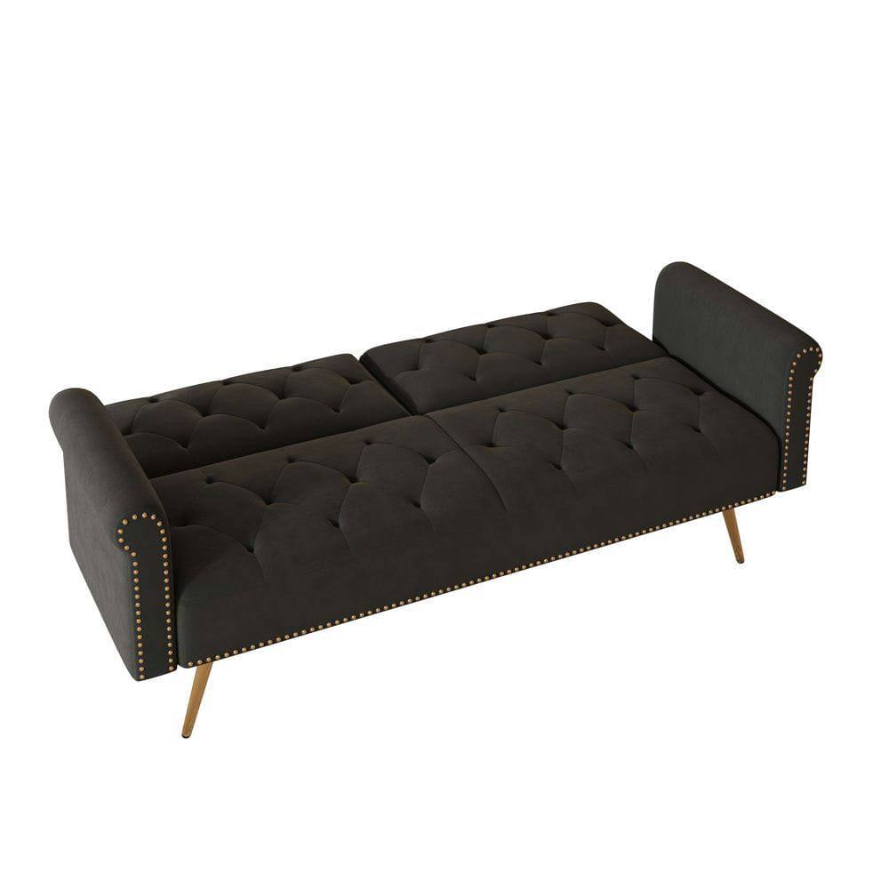 Alt View 7. Kadyn - 69.7" Velvet Sofa Bed with Nail Head Trim & Matching Throw Pillow - Black.