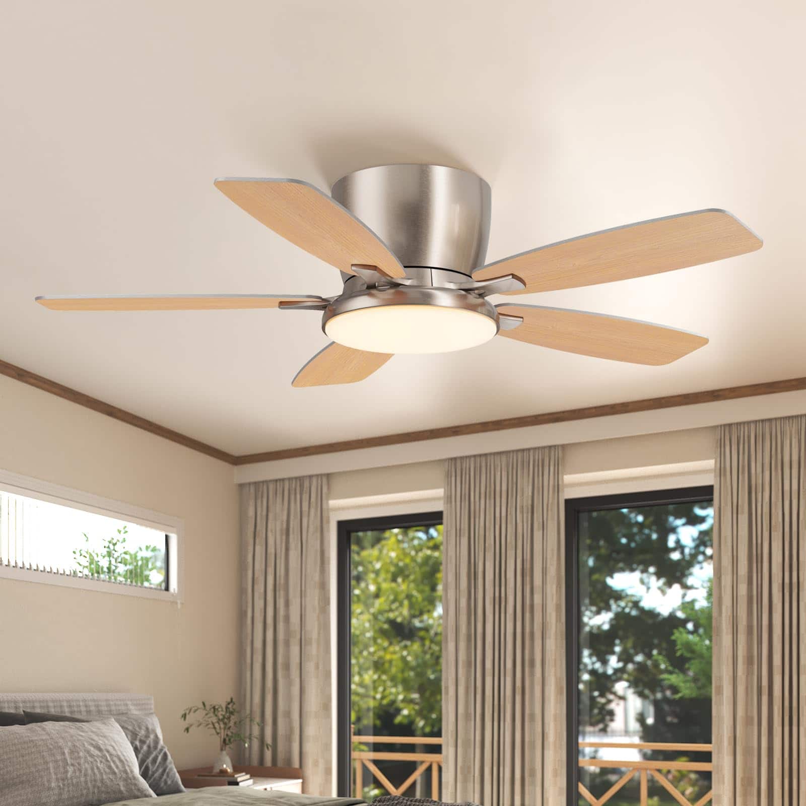 Siljoy - 44" Low Profile Ceiling Fan with Light: 35dB Quiet for Bedroom/Living Room - Nickel