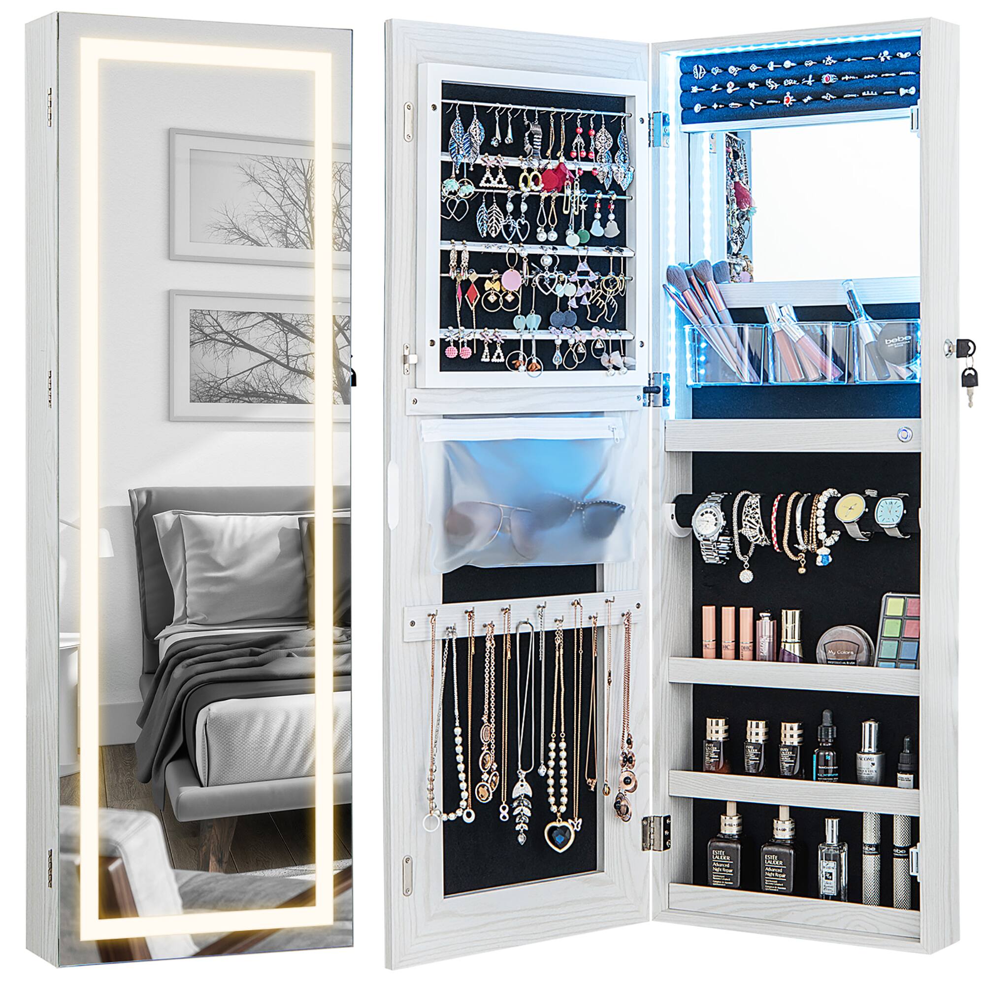 Gymax - LED Mirror Jewelry Cabinet Wall/Door Mounted Organizer Armoire w/ 3 Color Light - White