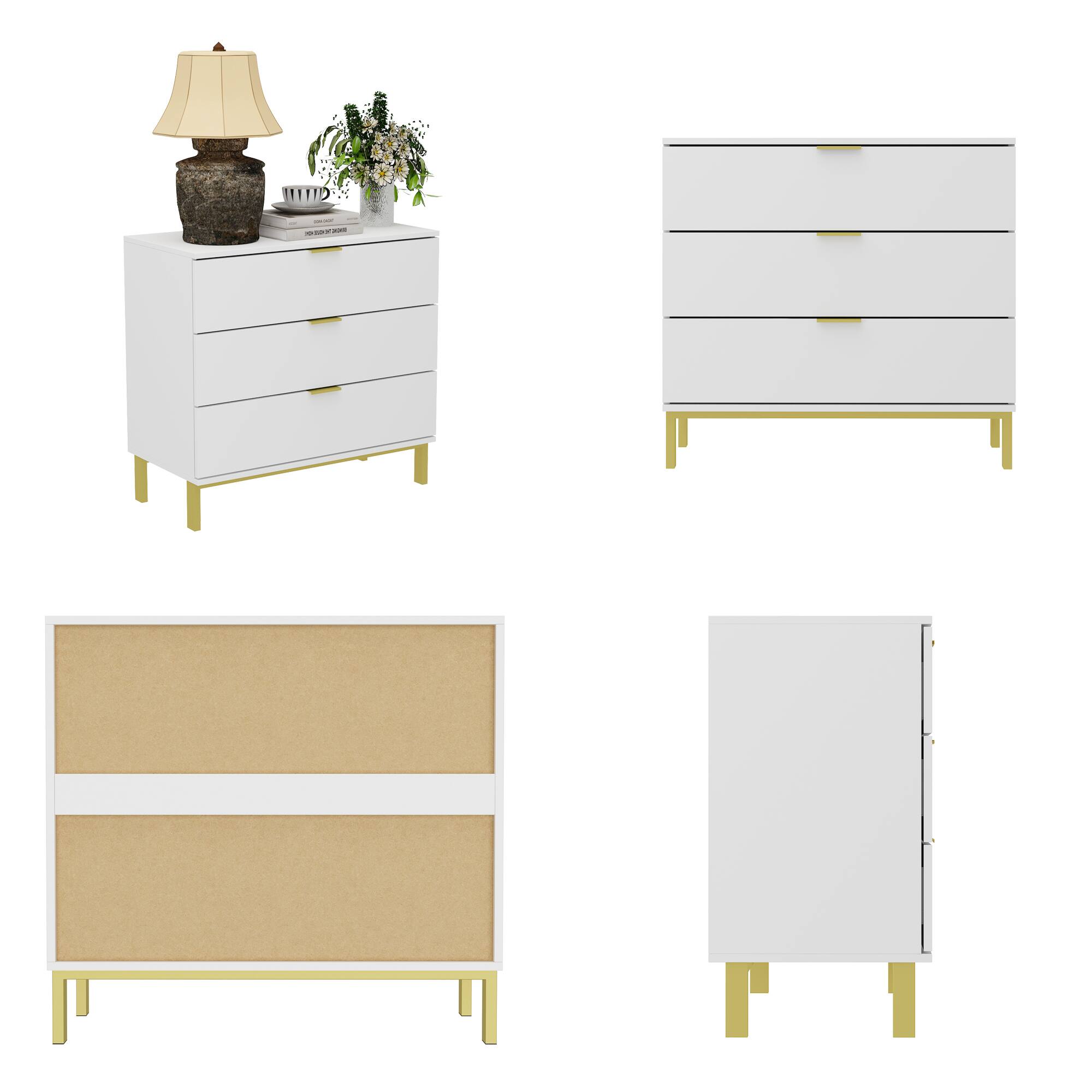 Alt View 1. FUFU & GAGA - FUFU&GAGA  3 - Drawer Dresser with Gold Accents: Modern Storage for Stylish Spaces - White.