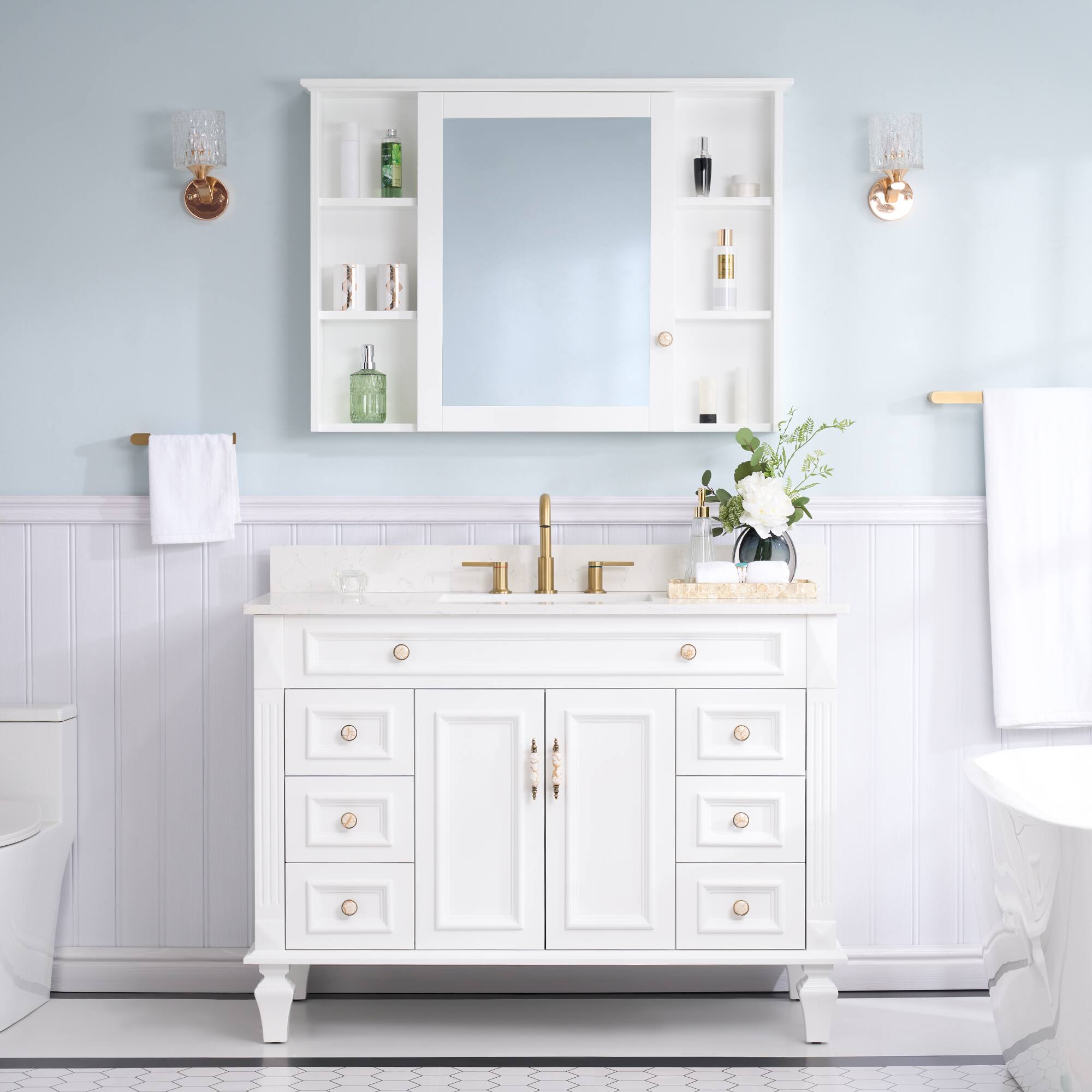 Alt View 8. WELLFOR - 42 in. W x 30 in. H Rectangular Solid Wood Frame Surface Mount Medicine Cabinet with Mirror and Soft Close Door - White.