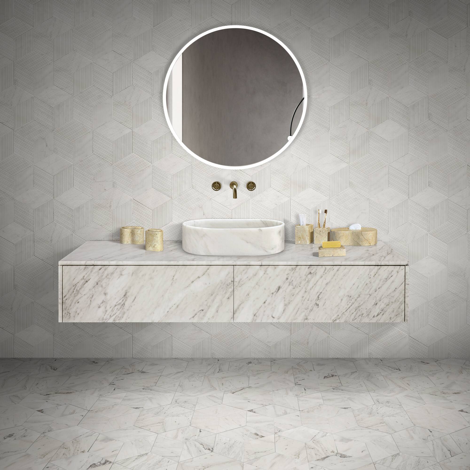 Left. ELEMENT ACE - Elegant Natural Marble Bathroom Vessel Sink with Semi-Polished Surface for Modern and Classic Bathroom Designs - White+Natural.