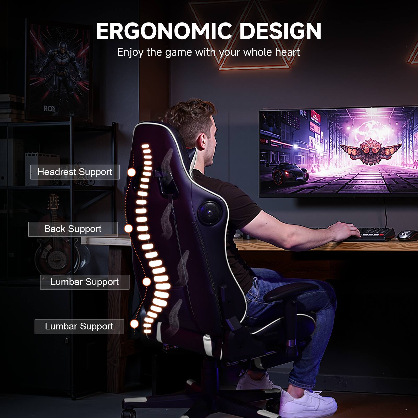 ERGONOMIC DESIGN Enjoy the game with your whole heart ROX  Headrest Support Back Support Lumbar Support Lumbar Support