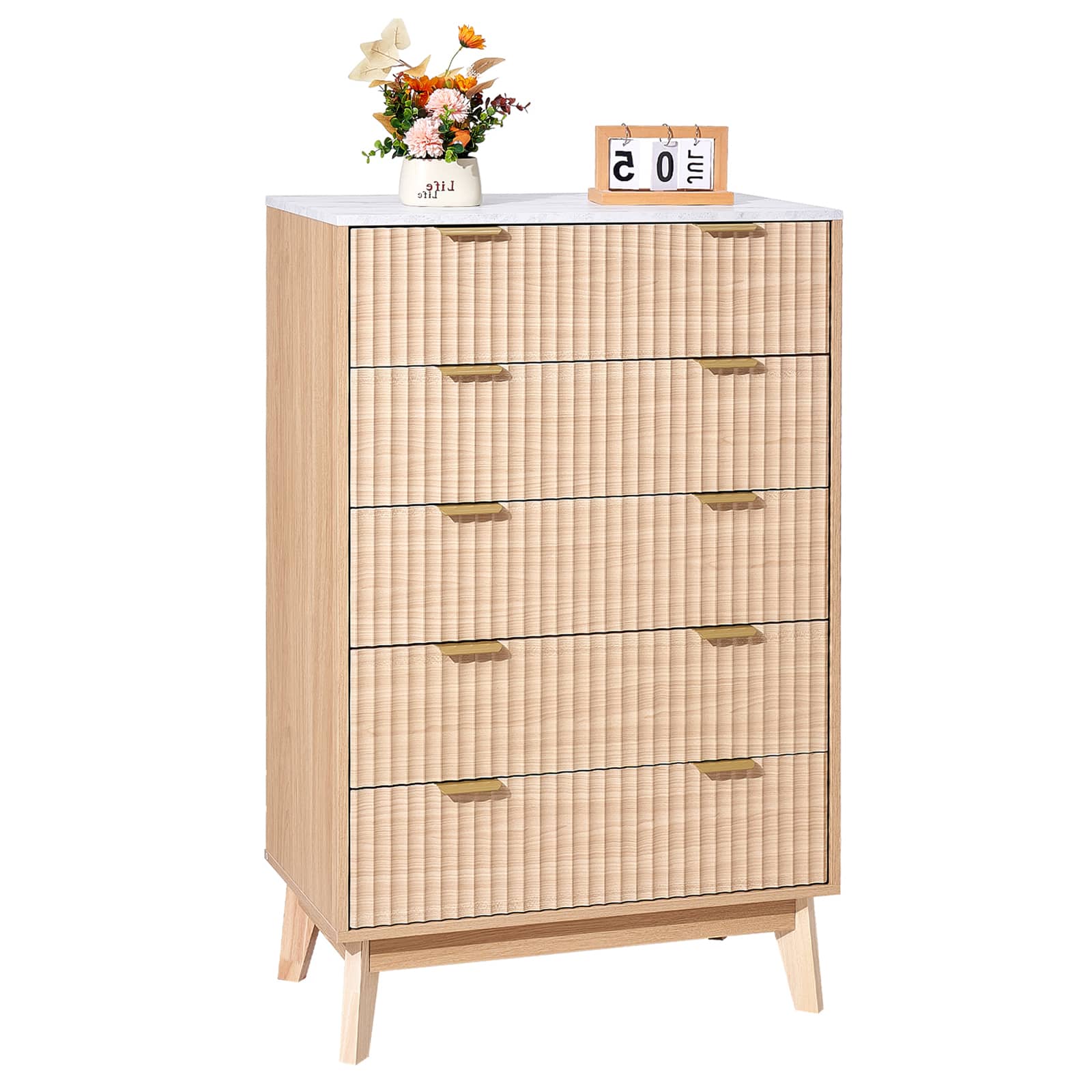 VEVOR - 5 Fluted Drawer Dresser, Chest of Drawers with Sliding & Anti-tip Device, Modern Minimalist Dresser Chest - Wooden