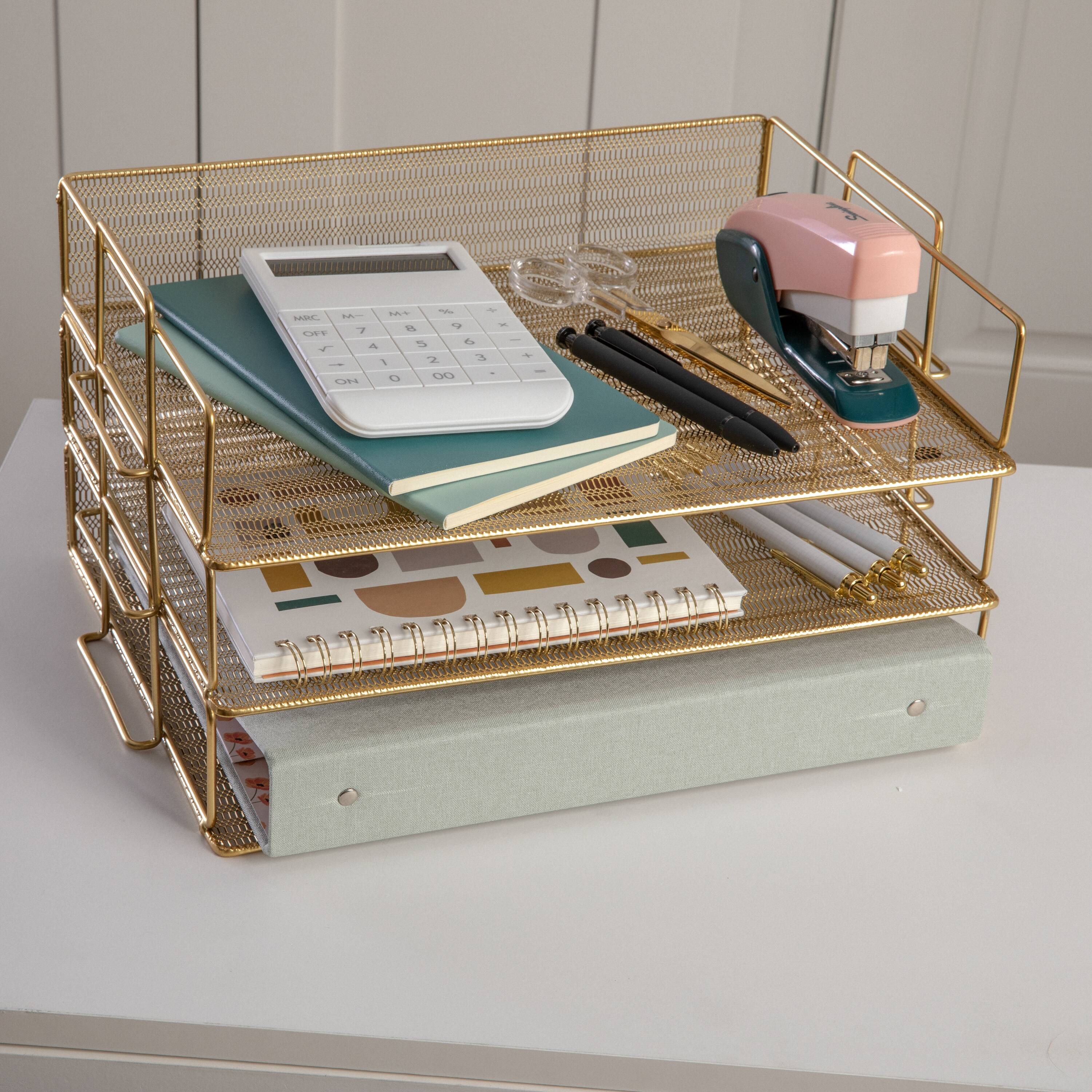 Alt View 15. Martha Stewart - Ryder Steel Mesh 3 Tier Stackable Desktop Organizer - Gold.