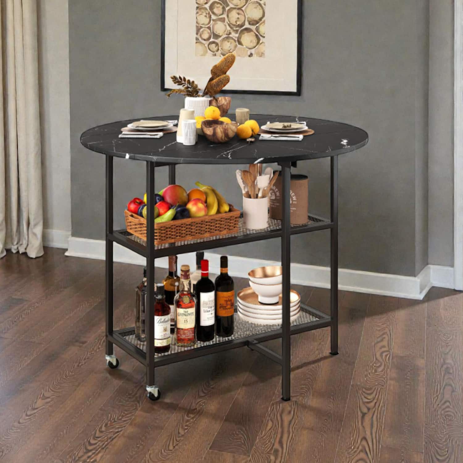 Hivvago - Easy-Move Folding Round Table with Lockable Rolling Base - Black