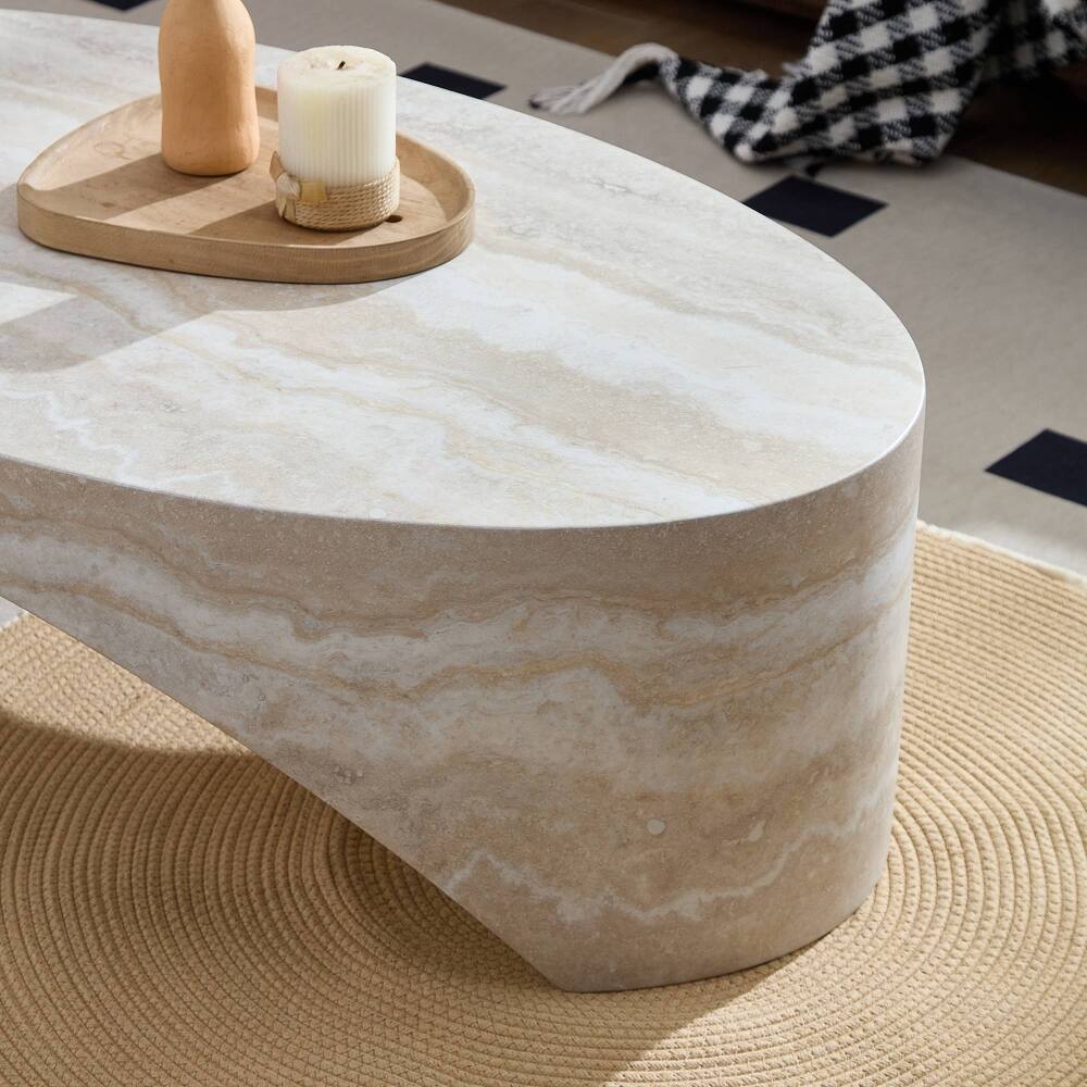 Alt View 3. Loheer - Loheer Oval Marble Coffee Table Curved Fiberglass Center Table - White.
