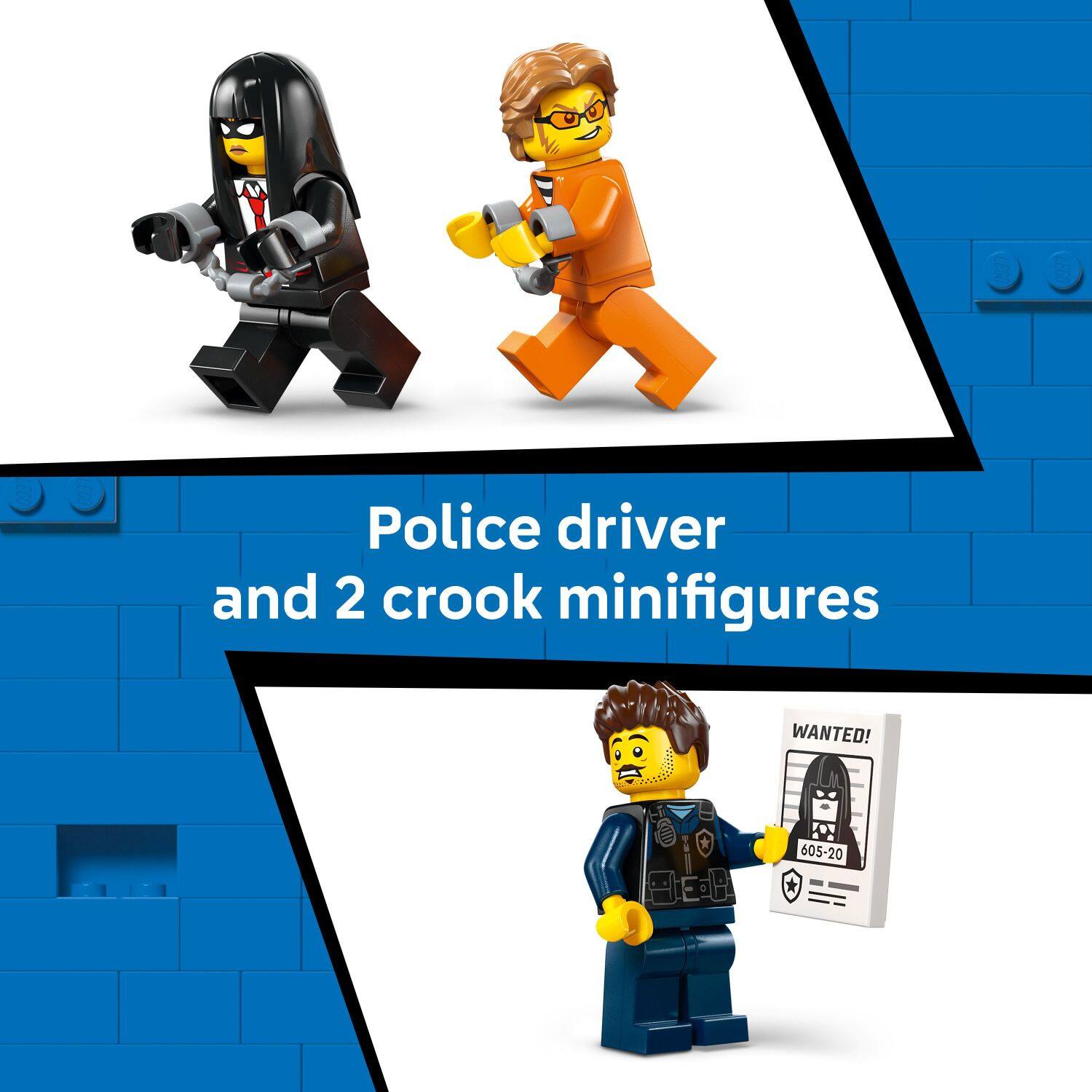 Police driver and 2 crook minifigures