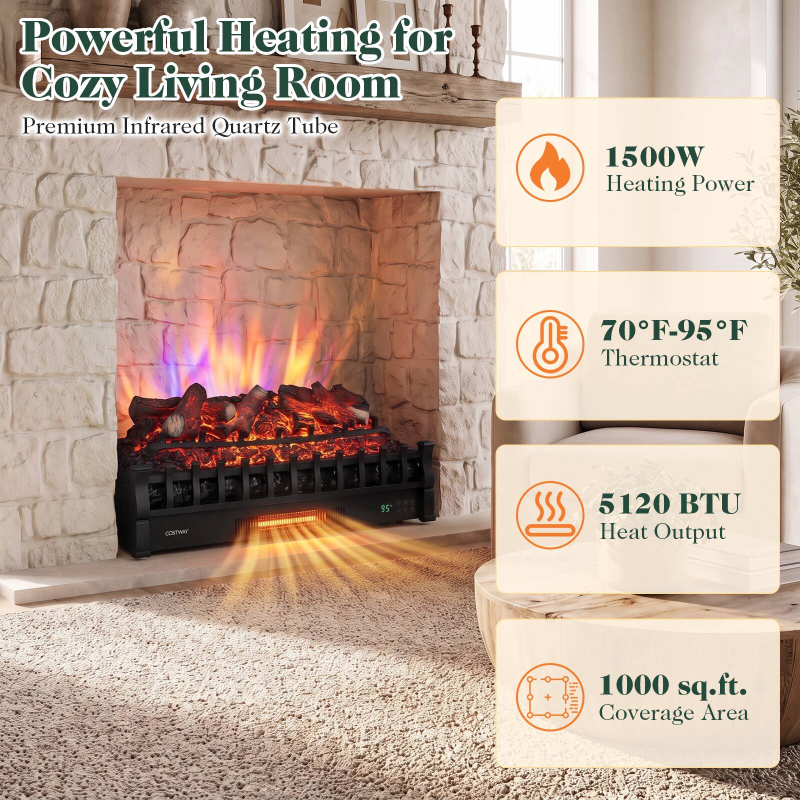 Powerful Heating for Cozy Living Room  
Premium Infrared Quartz Tube

1500W Heating Power  
70°F-95°F Thermostat  
5120 BTU Heat Output  
1000 sq.ft. Coverage Area