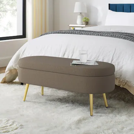 Front. Ropilly - Ropilly Brown Oval Storage Ottoman Flannel Bench Metal Legs - Brown.