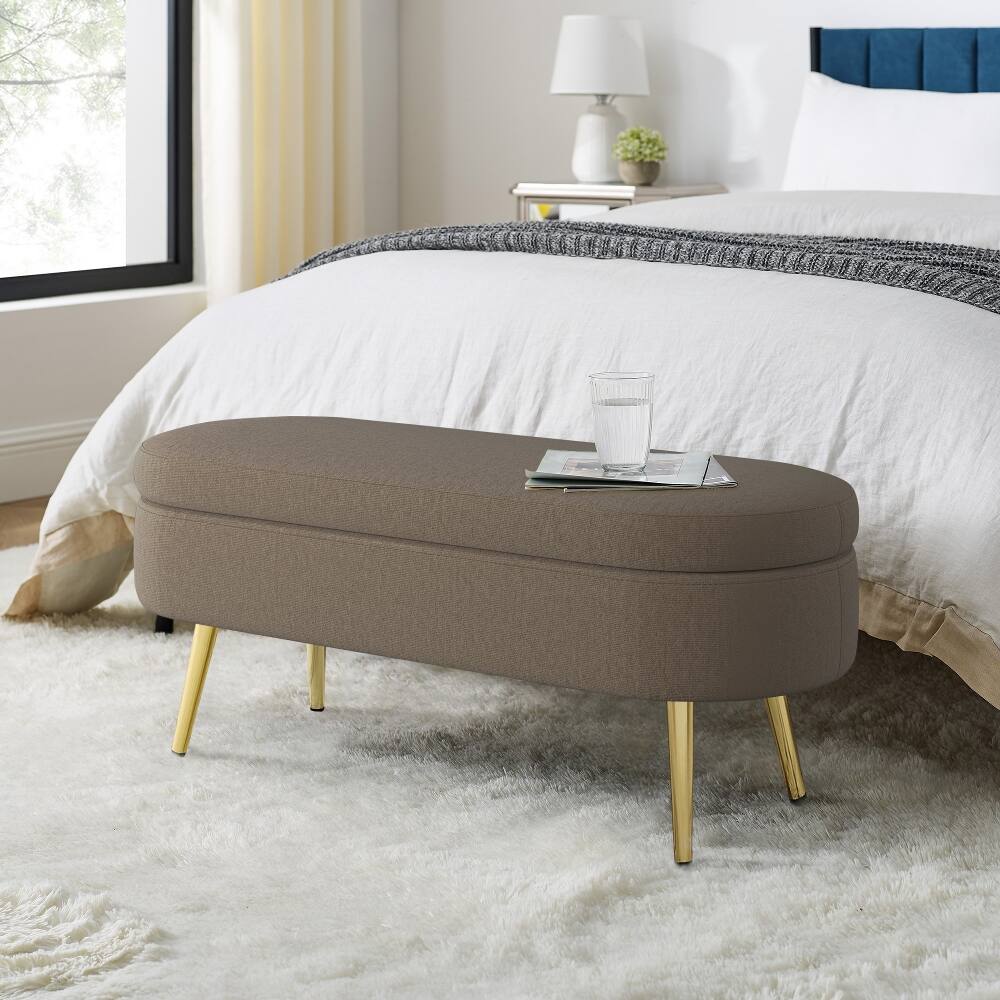 Front. Ropilly - Ropilly Brown Oval Storage Ottoman Flannel Bench Metal Legs - Brown.