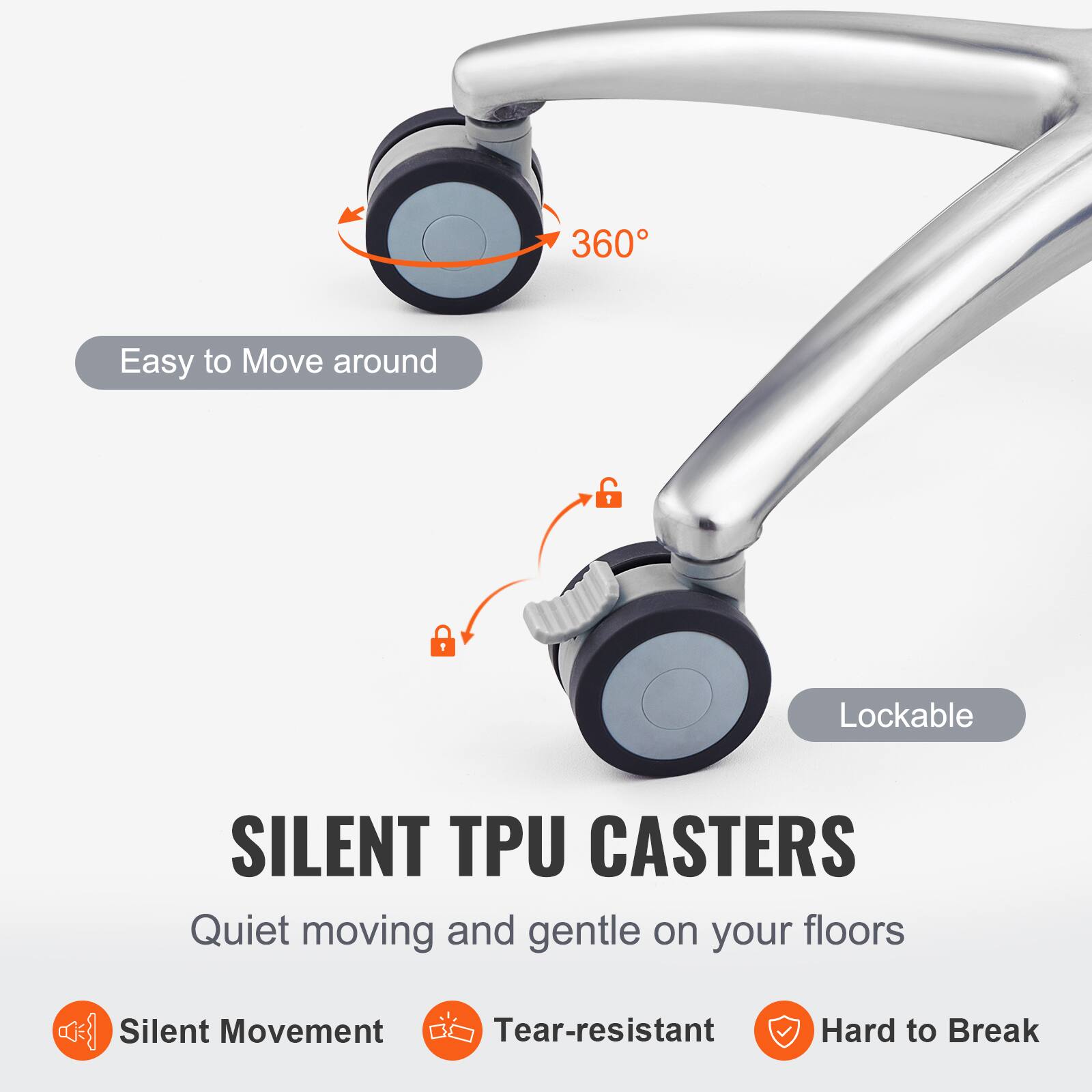 360, Easy to Move around, Lockable, SILENT TPU CASTERS, Quiet moving and gentle on your floors, Silent Movement, Tear-resistant, Hard to Break