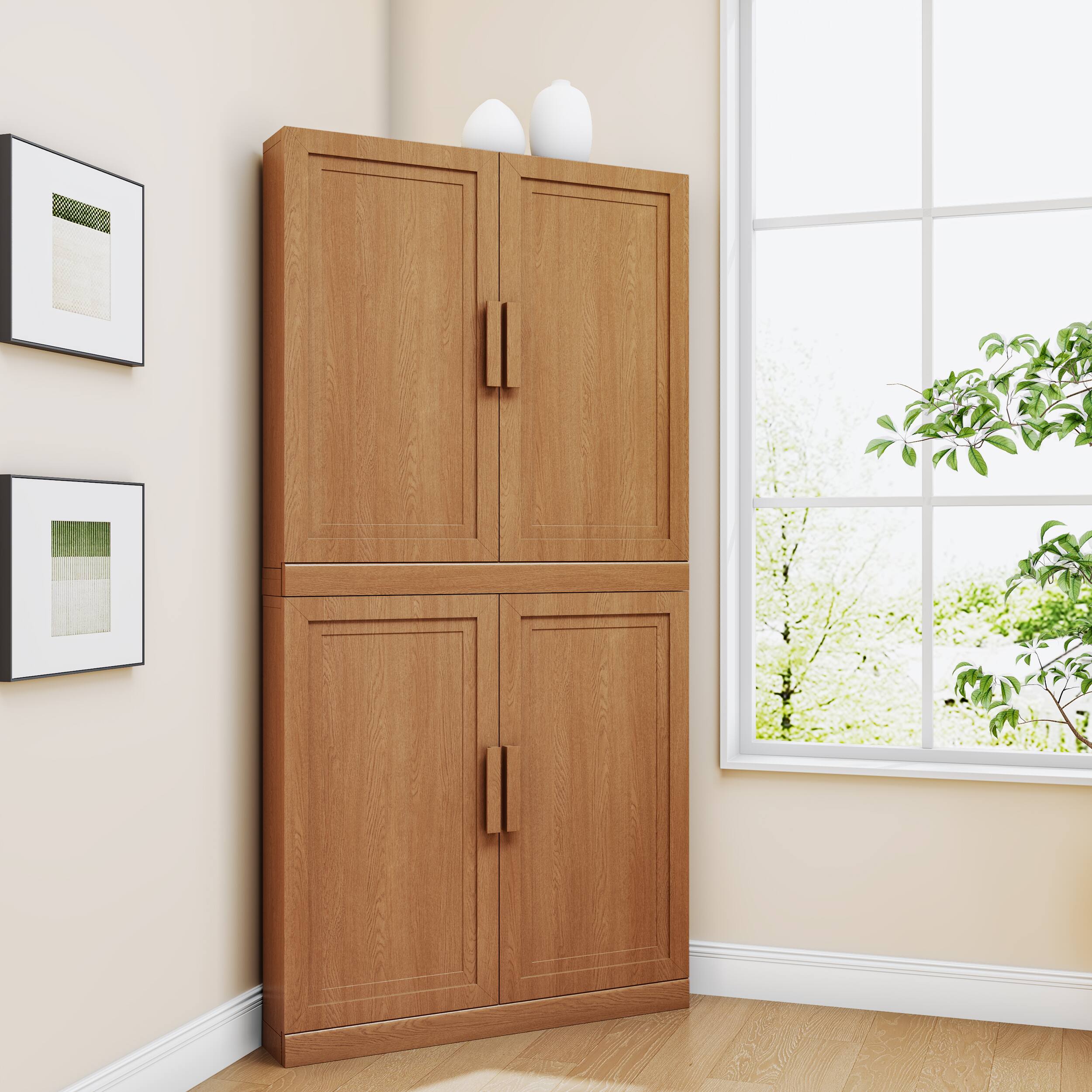 Front. PexFix - 62" Farmhouse Corner Accent Storage Cabinet with Solid Wood Doors and Adjustable Shelves for Space-Saving - Walnut.