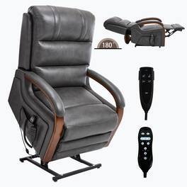 LUCKY ONE - Faux Leather Power Lift Recliner Chair with Infinite Position, Massage and Solid Wood Armrests - Gray