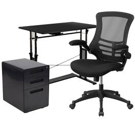 Emma + Oliver - Work From Home Kit-Adjustable Computer Desk, Mesh Office Chair, Filing Cabinet - Black
