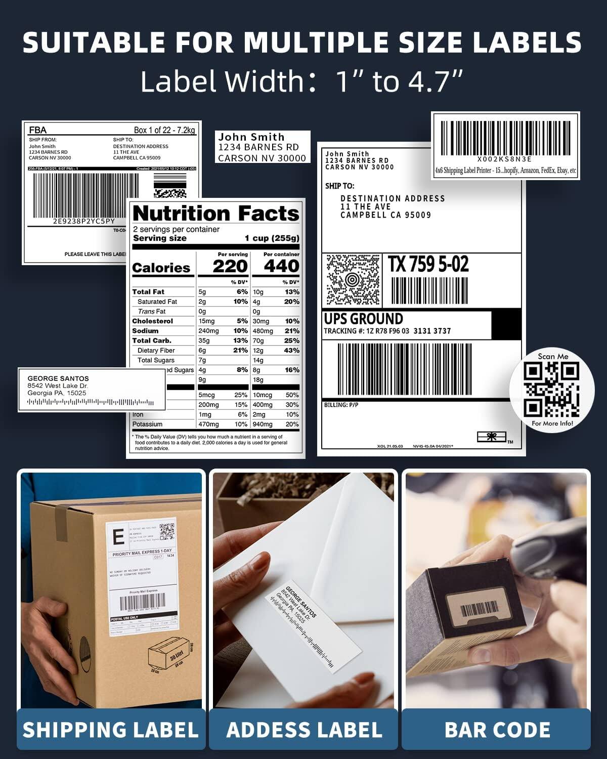 SUITABLE FOR MULTIPLE SIZE LABELS  
Label Width: 1" to 4.7"

---

**FBA**  
Box 1 of 22 - 7.2kg  
SHIP FROM:  
John Smith  
1234 BARNES RD  
CARSON NV 30000  

SHIP TO:  
DESTINATION ADDRESS  
11 THE AVE  
CAMPBELL CA 95009  

EAN: 2E9238P2YCSP  
29238PYC5PY  

---

**Nutrition Facts**  
2 servings per container  
Serving size 1 cup (255g)  

**Per serving**  
Calories 220  
Total Fat 5g 6% DV  
Saturated Fat 2g 10% DV  
Trans Fat 0g  
Cholesterol 15mg 5% DV  
Sodium 240mg 10% DV  
Total Carb. 35g 13% DV  
Dietary Fiber 6g 21% DV  
Total Sugars 7g 8% DV  
Added Sugars 4g 8% DV  
