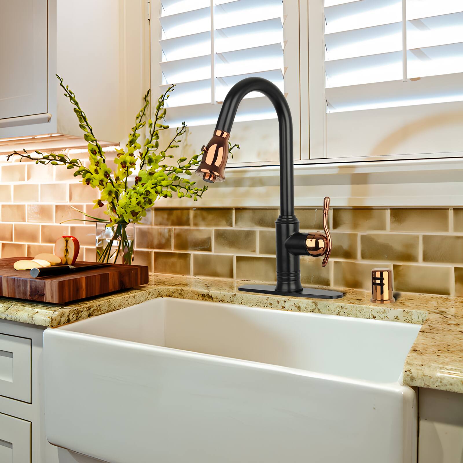 Alt View 5. Akicon - Akicon Solid Brass Single Handle Kitchen Faucet with Pull Down Sprayer in Matte Black & Rose Gold - Matte Black & Rose Gold.