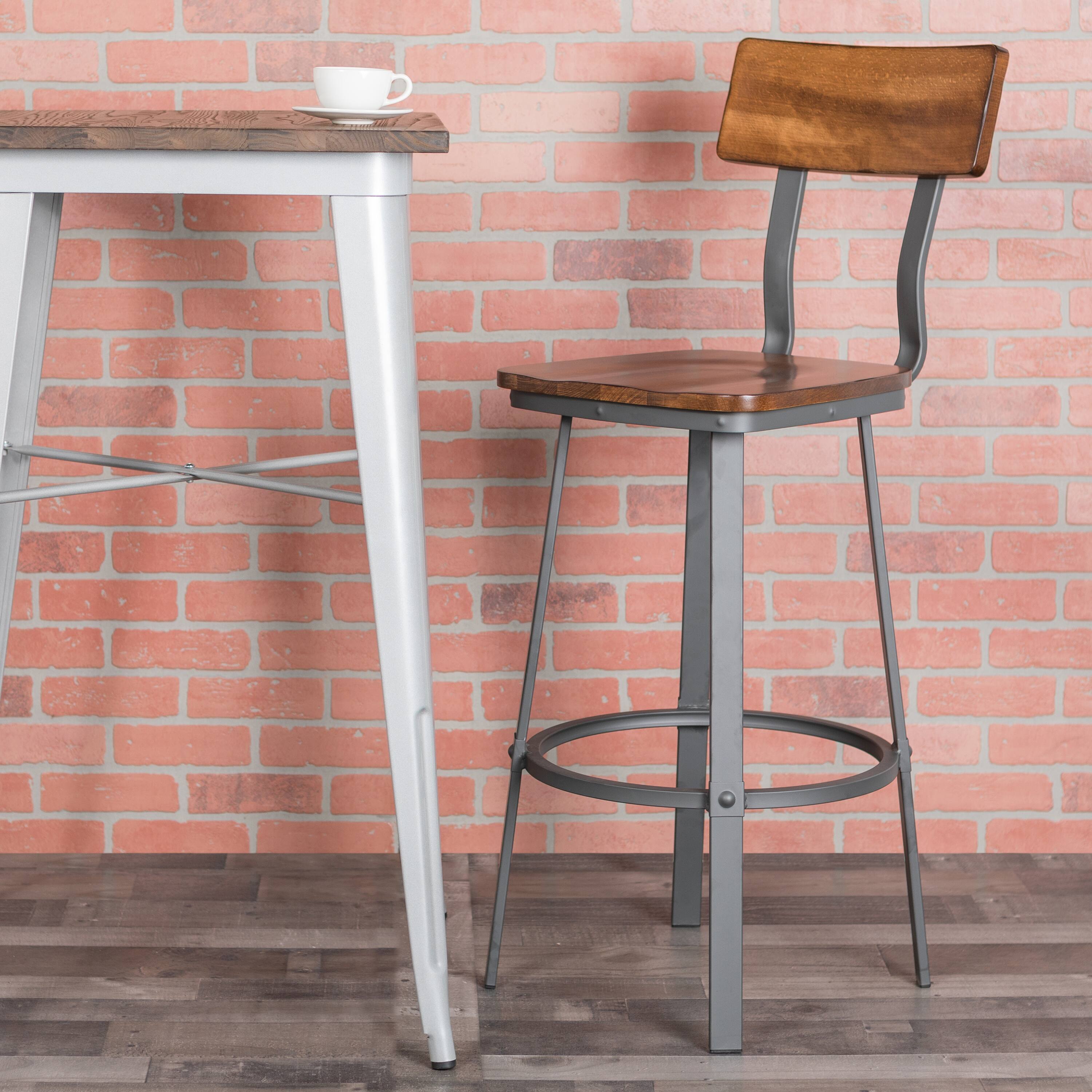 Angle. Flash Furniture - Flint Series Rustic Walnut Restaurant Barstool with Wood Seat & Back and Gray Powder Coat Frame - Brown.