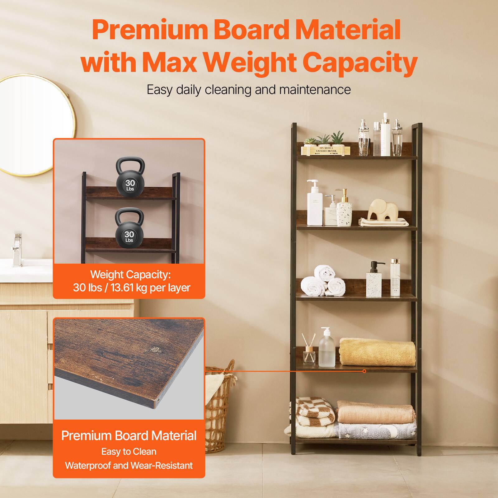 Premium Board Material with Max Weight Capacity  
Easy daily cleaning and maintenance  

Weight Capacity:  
30 lbs / 13.61 kg per layer  

Premium Board Material  
Easy to Clean  
Waterproof and Wear-Resistant